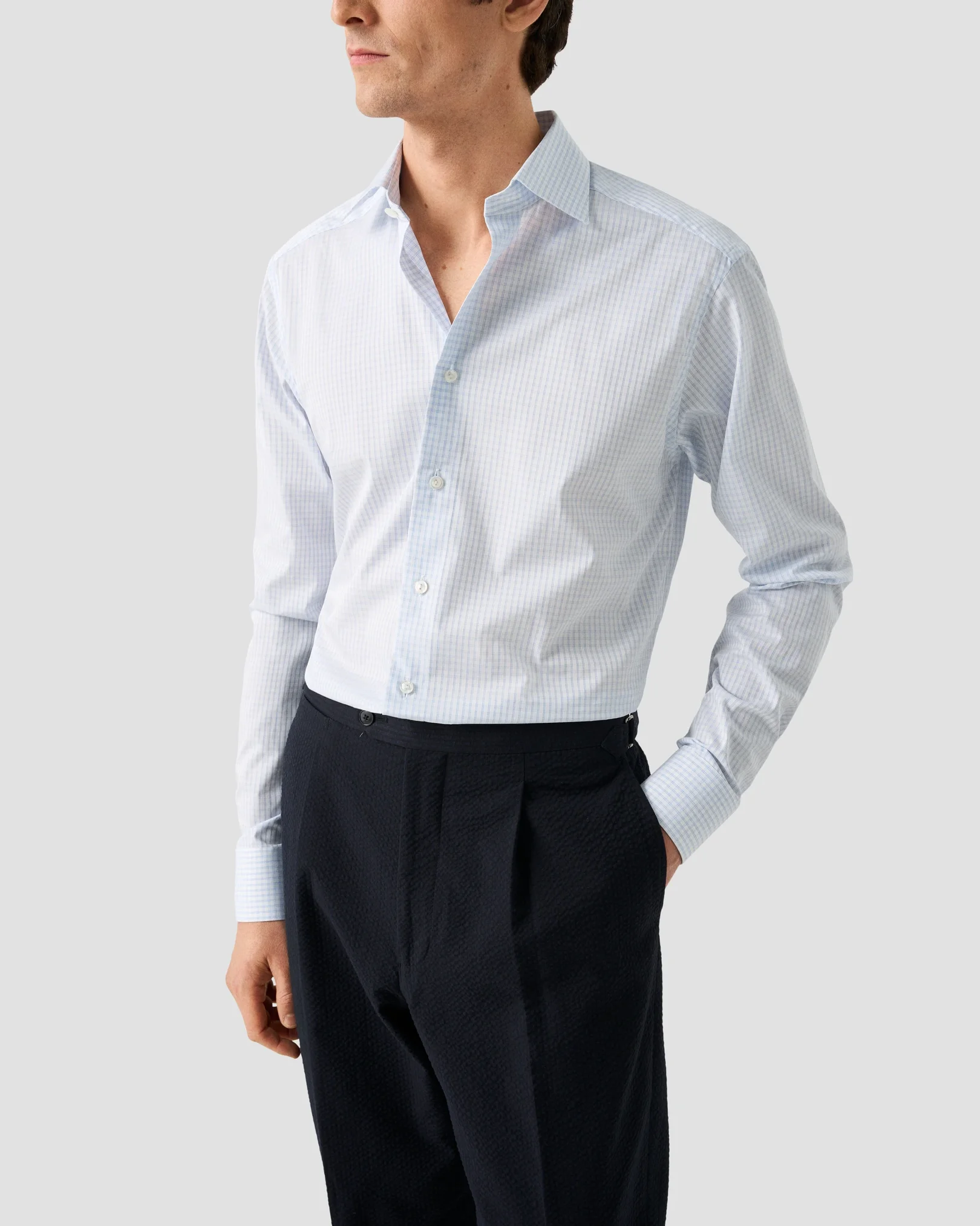 Eton - light blue check elevated pique shirt
