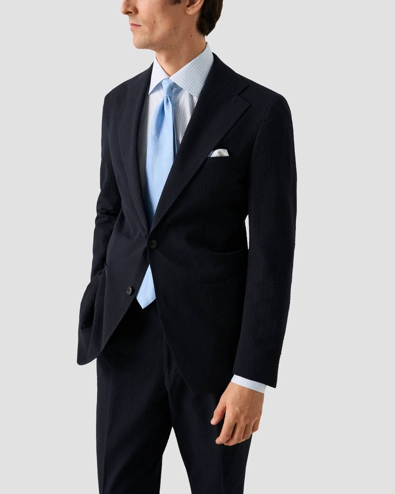 Eton - light blue check elevated pique shirt