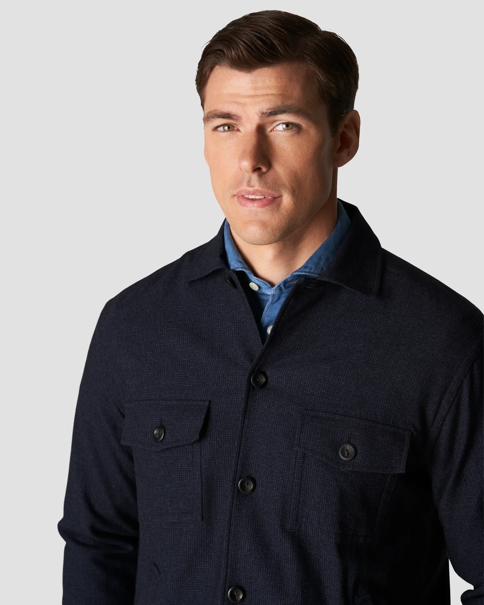 Eton - navy blue cotton wool cashmere collar with no collarstand single cuff pointed strap regular