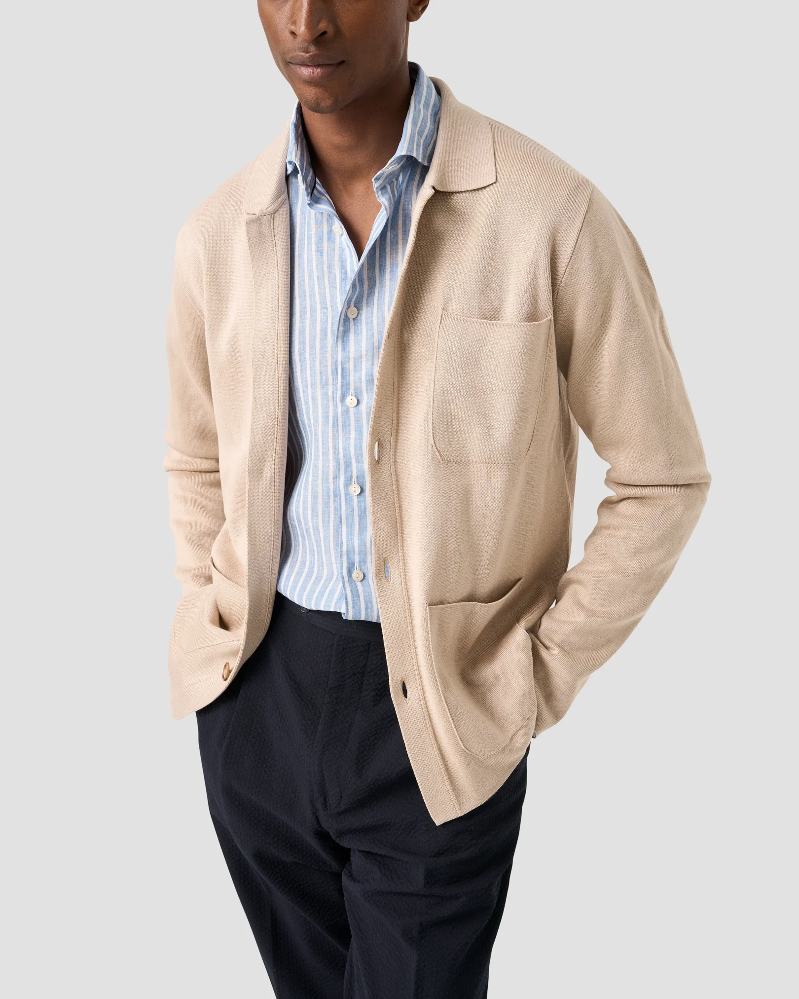 Eton - light blue striped linen shirt wide spread