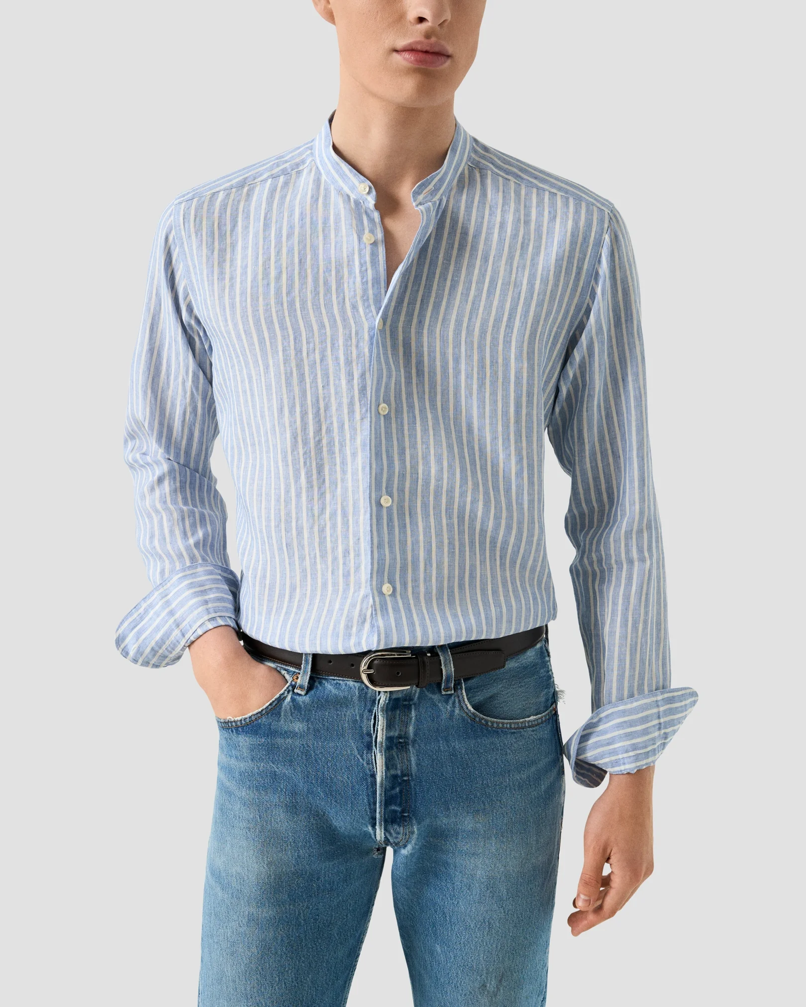 Eton - light blue striped linen shirt widespread