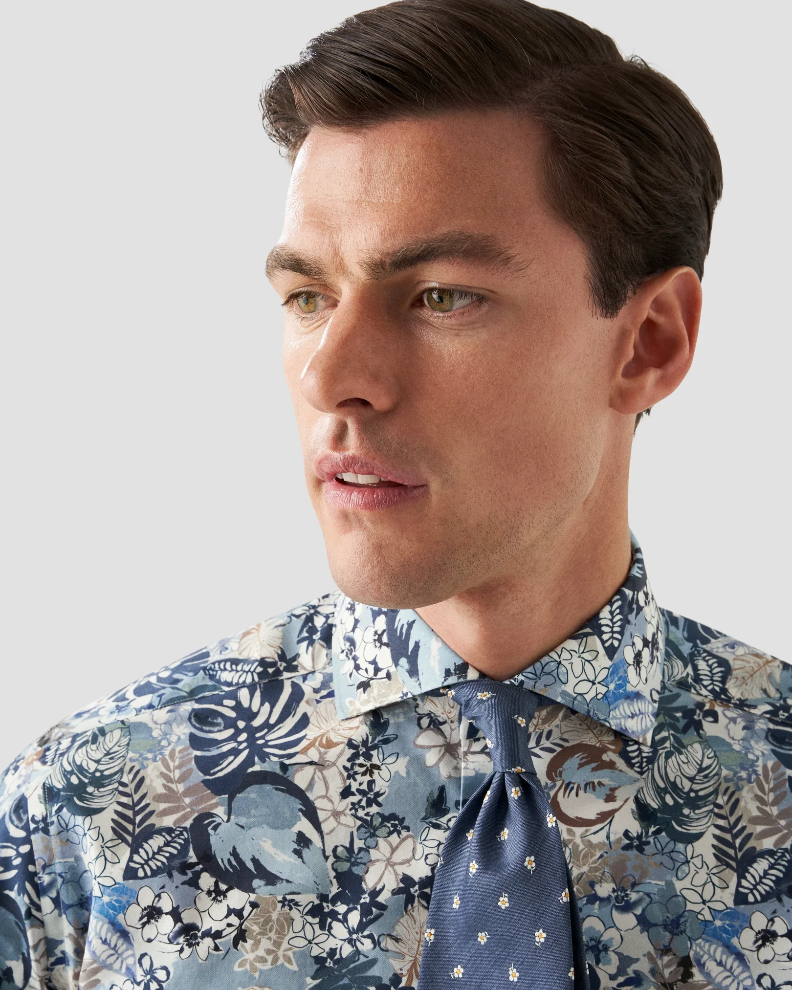 Eton - mid blue twill floral print