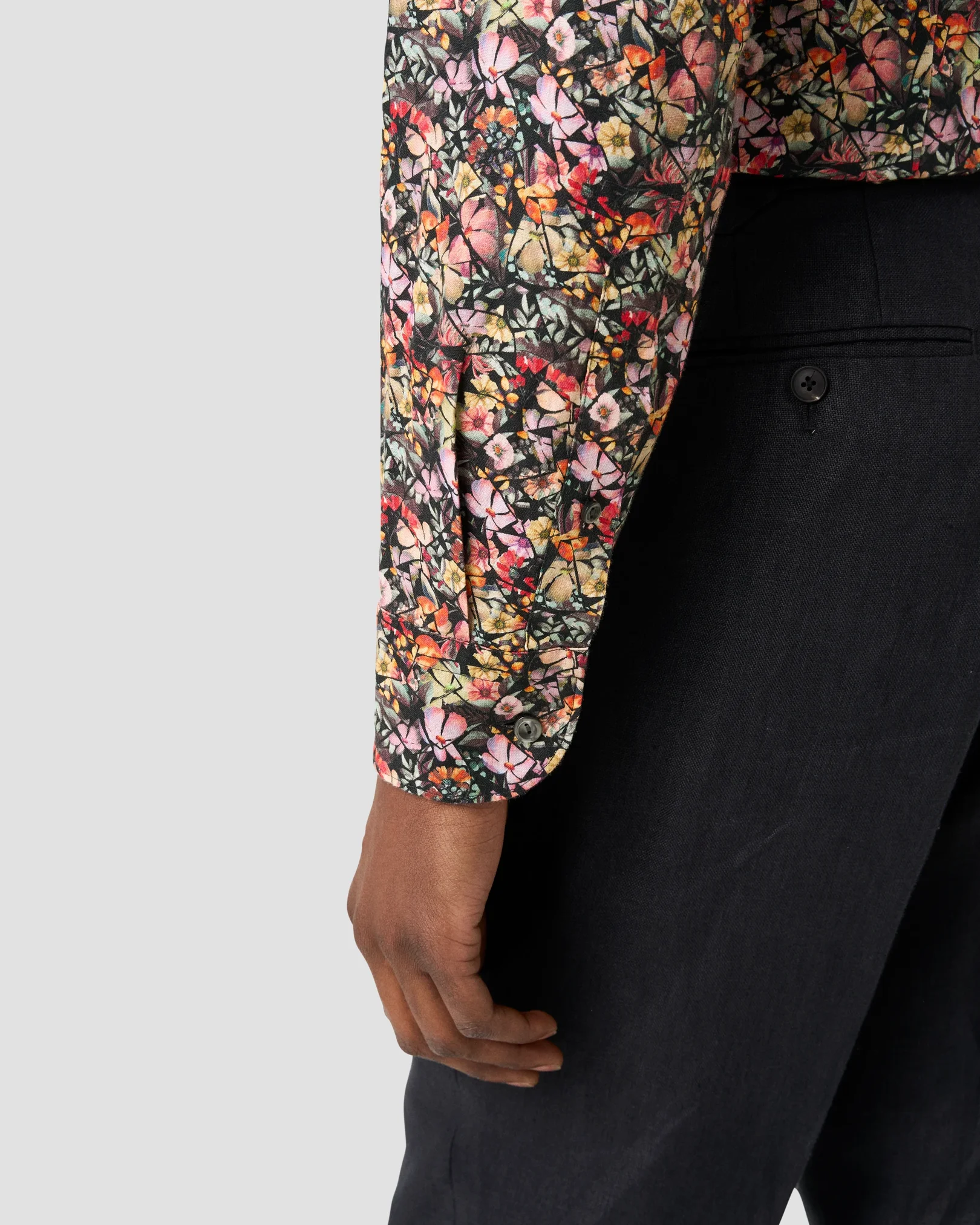 Eton - navy blue colorful flower mosaic print linen shirt
