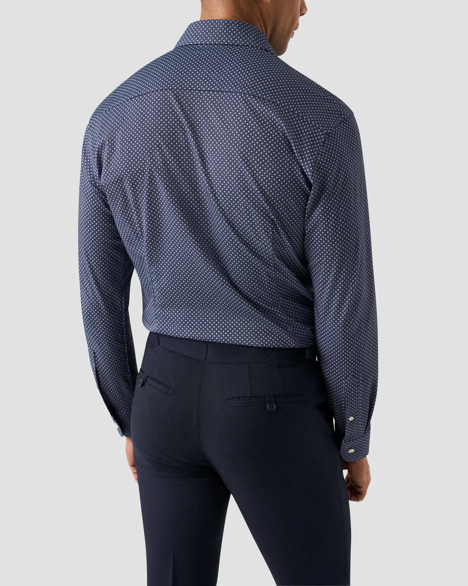 Eton - navy blue geometric cotton four way stretch shirt