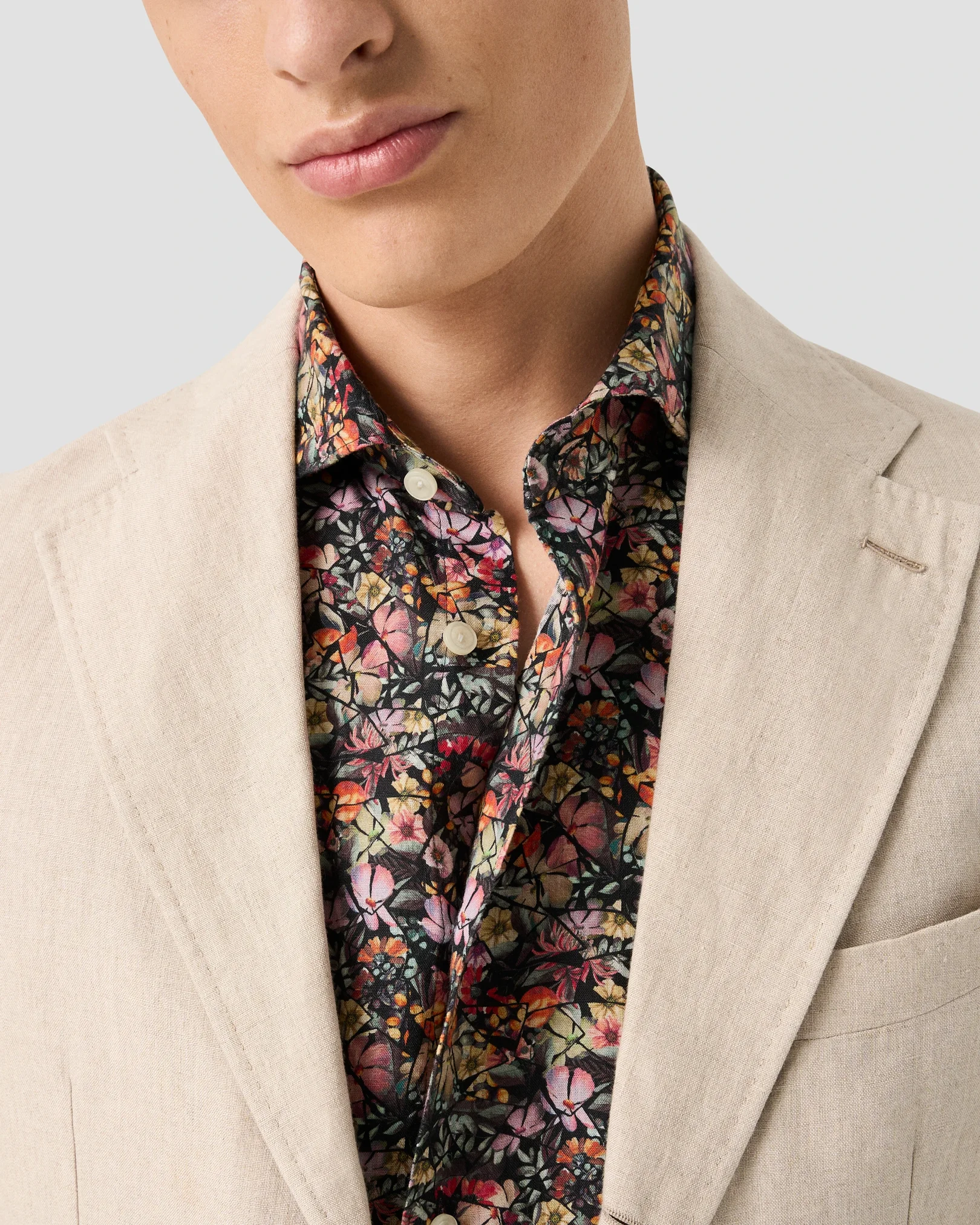 Eton - navy blue colorful flower mosaic print linen shirt widespread