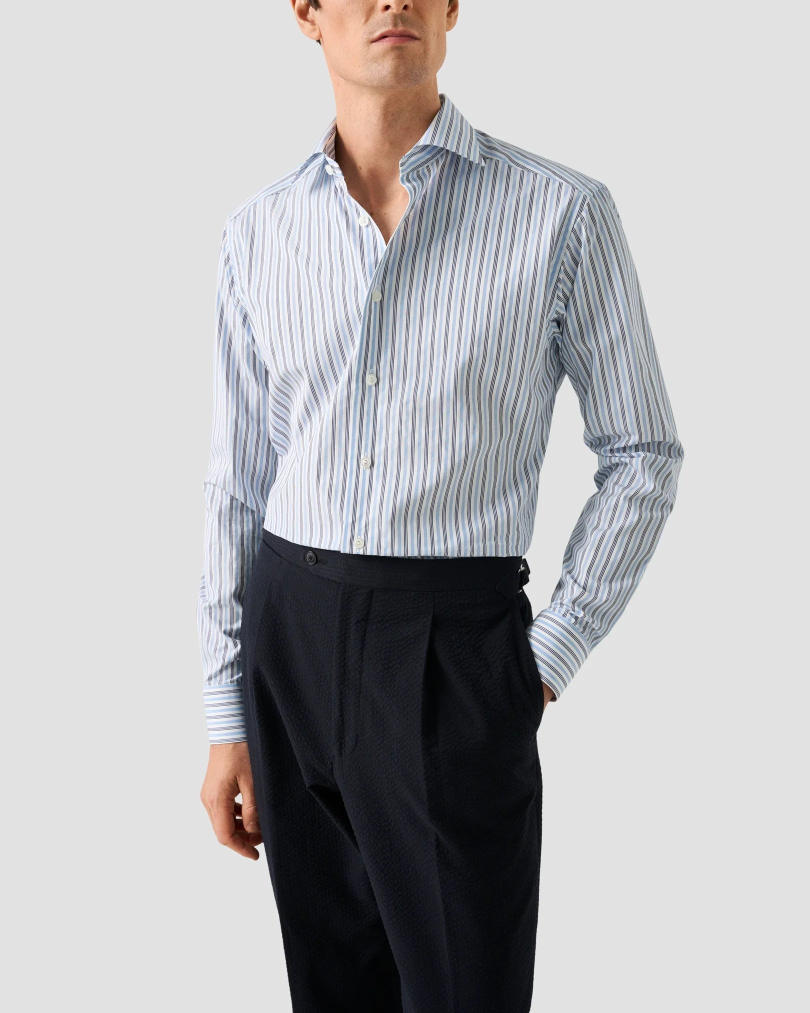 Eton - light blue multi striped elevated pique shirt