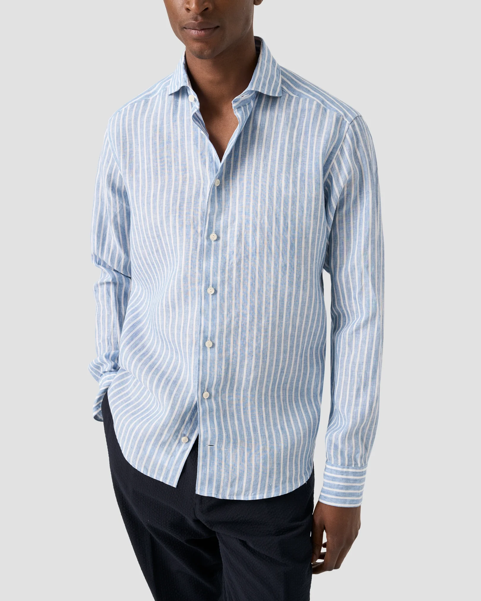 Eton - light blue striped linen shirt wide spread
