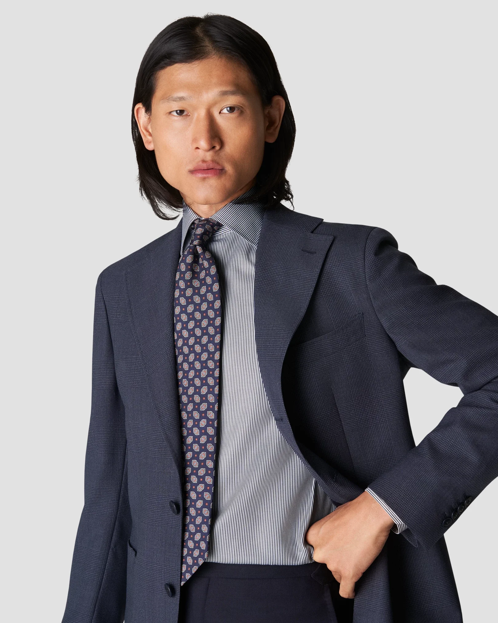 Eton - navy blue twill thin striped