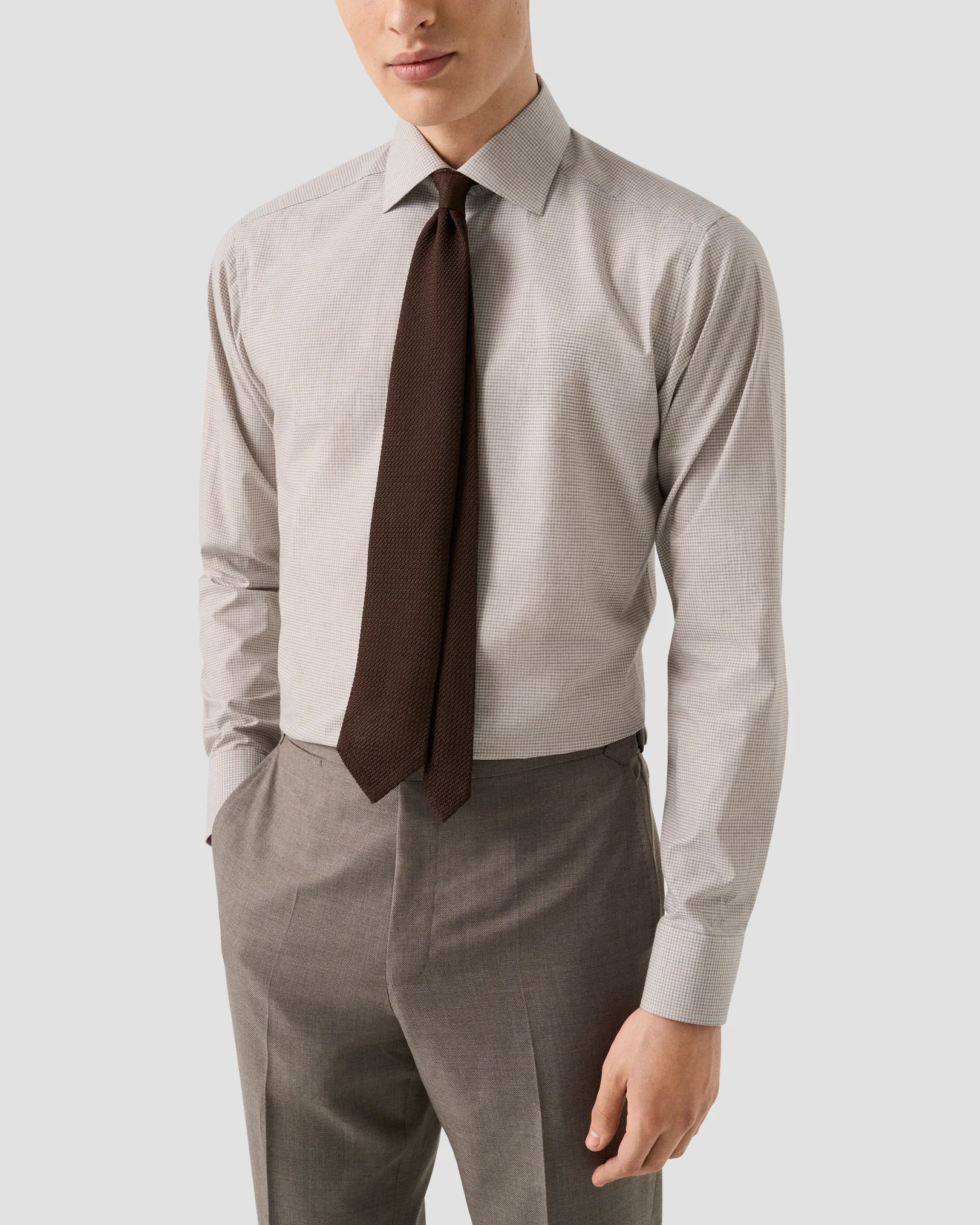 Eton - beige check fine twill shirt cutaway