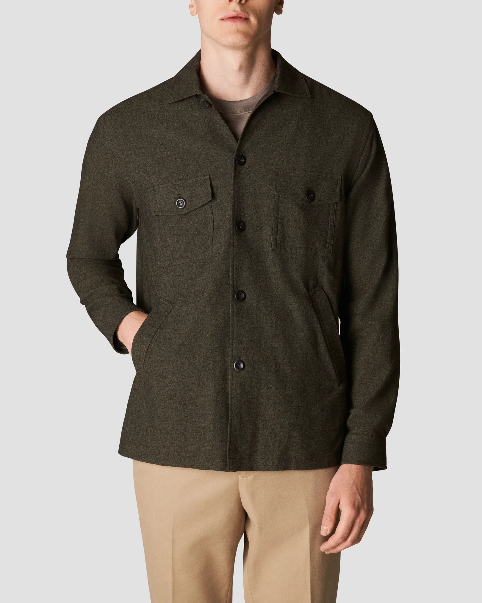 Eton - dark green flannel collar with no collarstand single cuff pointed strap regular
