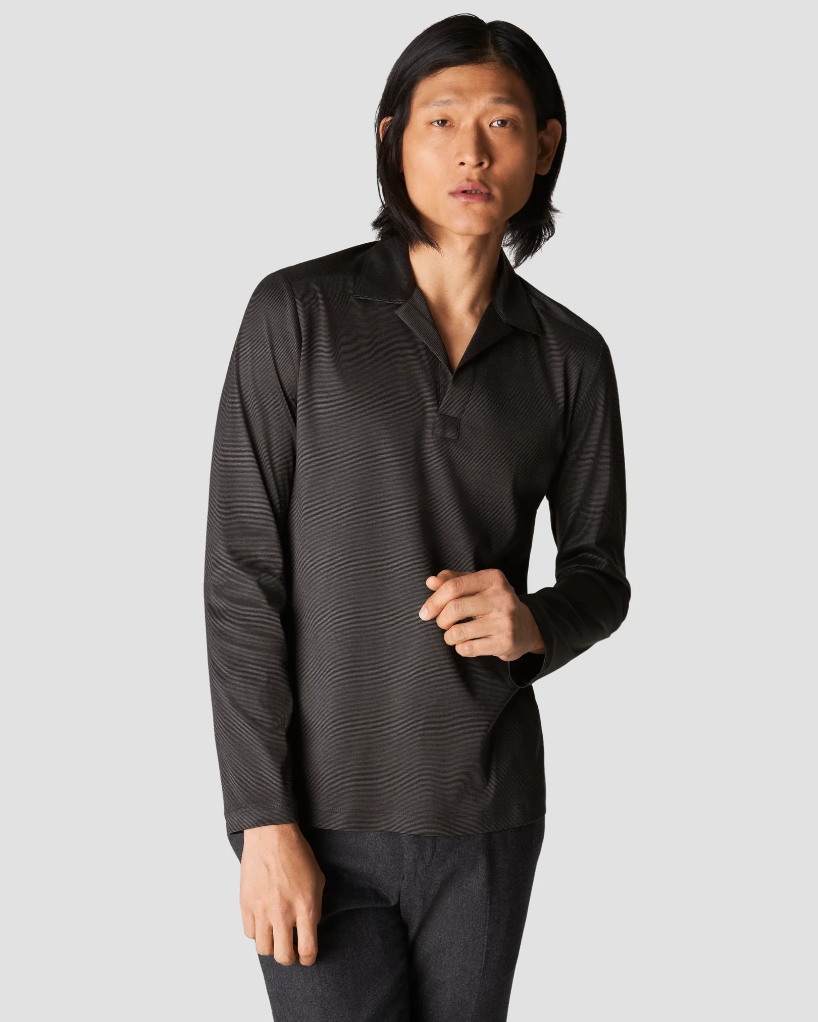 Eton - black interlock jersey open collar