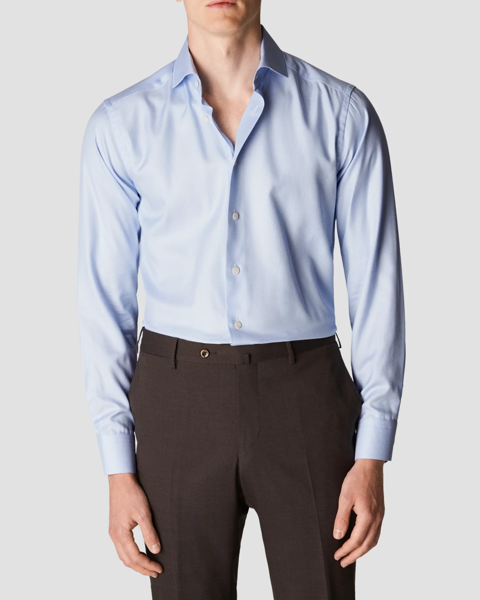 Eton - light blue cotton lyocell stretch wide spread rounded single one buttonhole slim