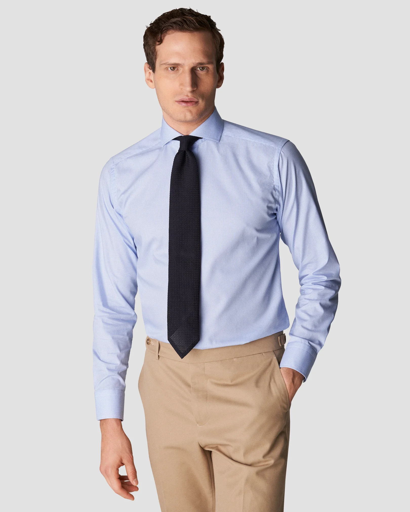 Eton - sky blue check poplin shirt extreme cut away
