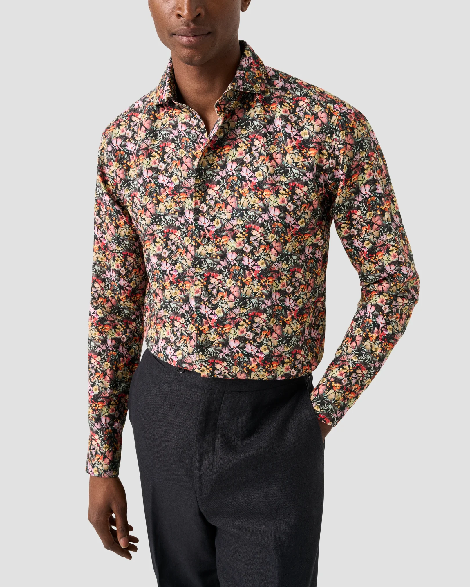Eton - navy blue colorful flower mosaic print linen shirt