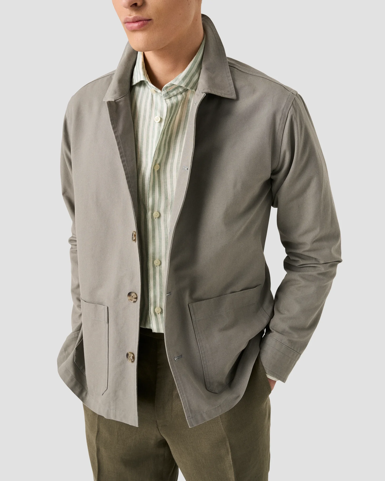 Eton - mid green striped linen twill shirt