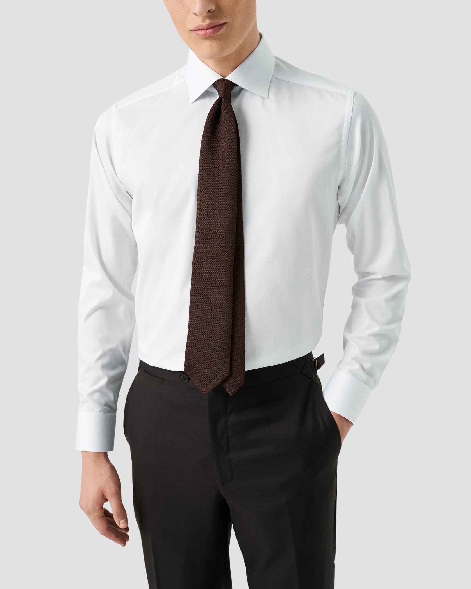 Eton - white solid brown buttons signature twill shirt