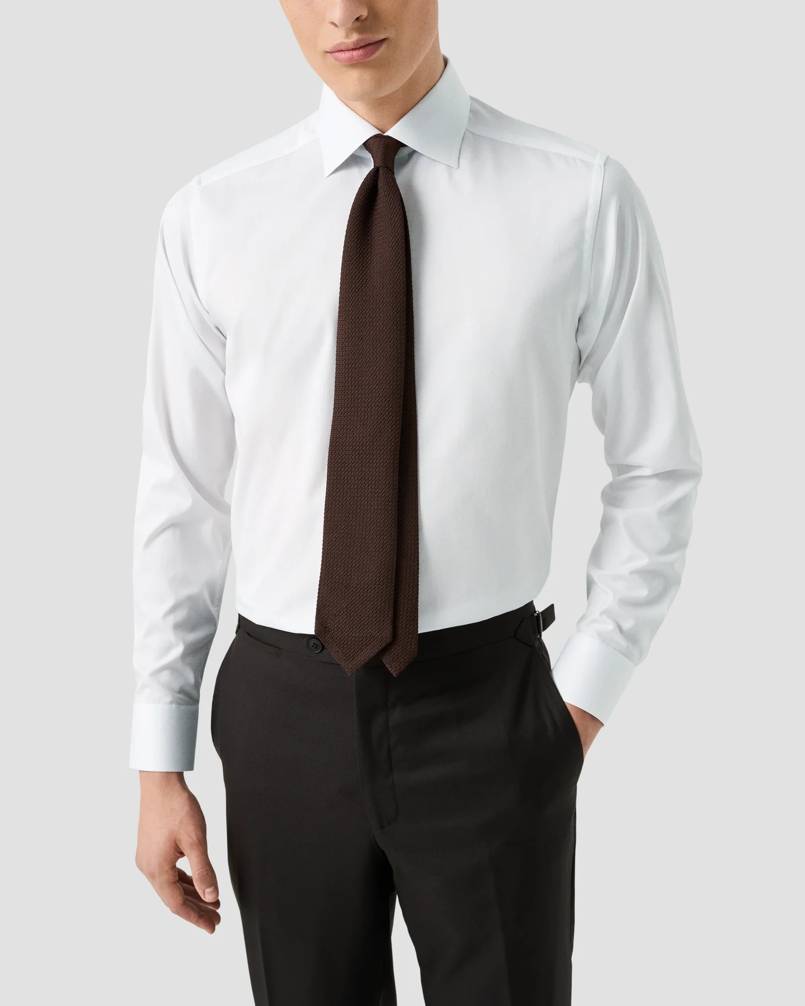 Eton - white solid brown buttons signature twill shirt