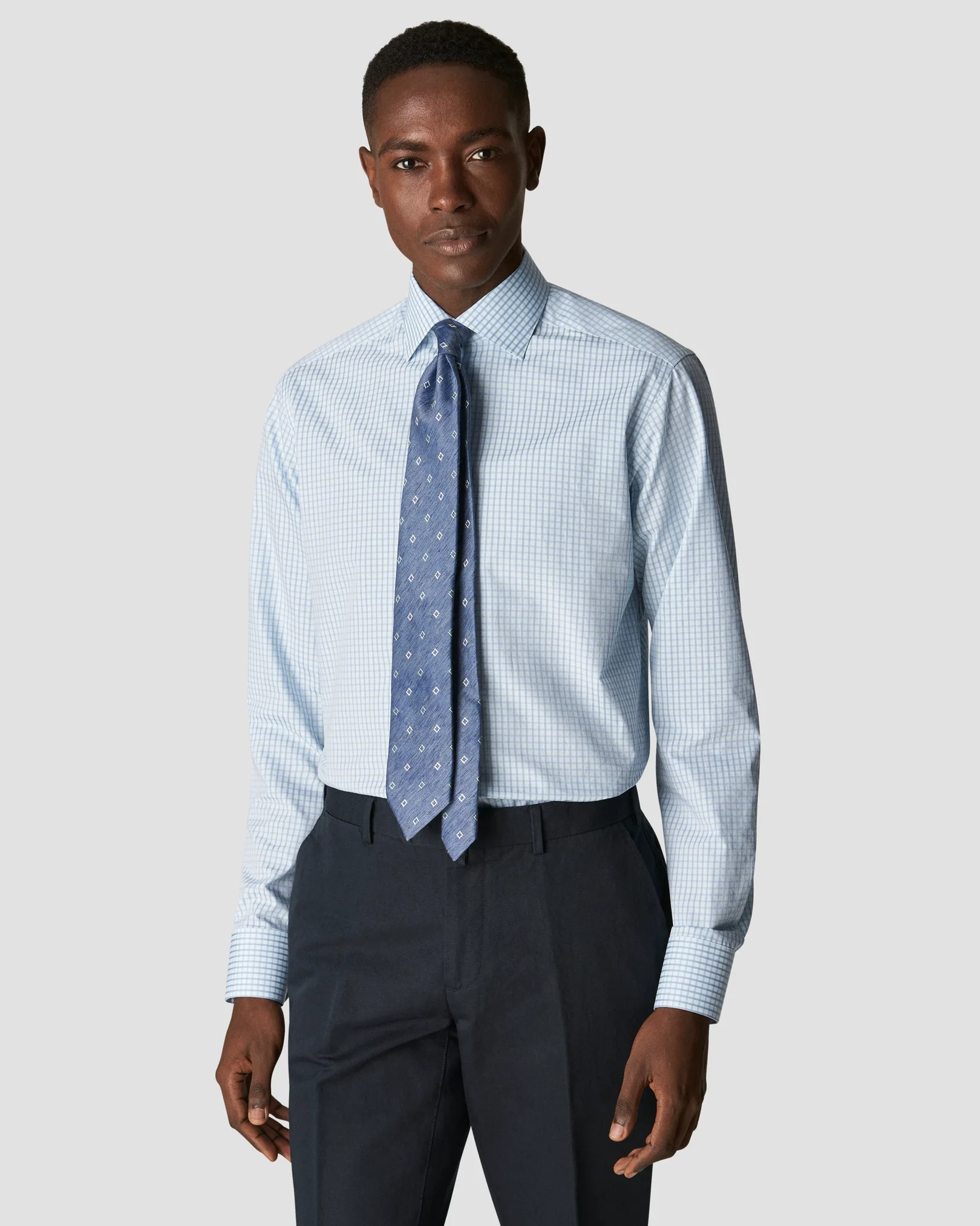 Eton - checked light blue fine pique