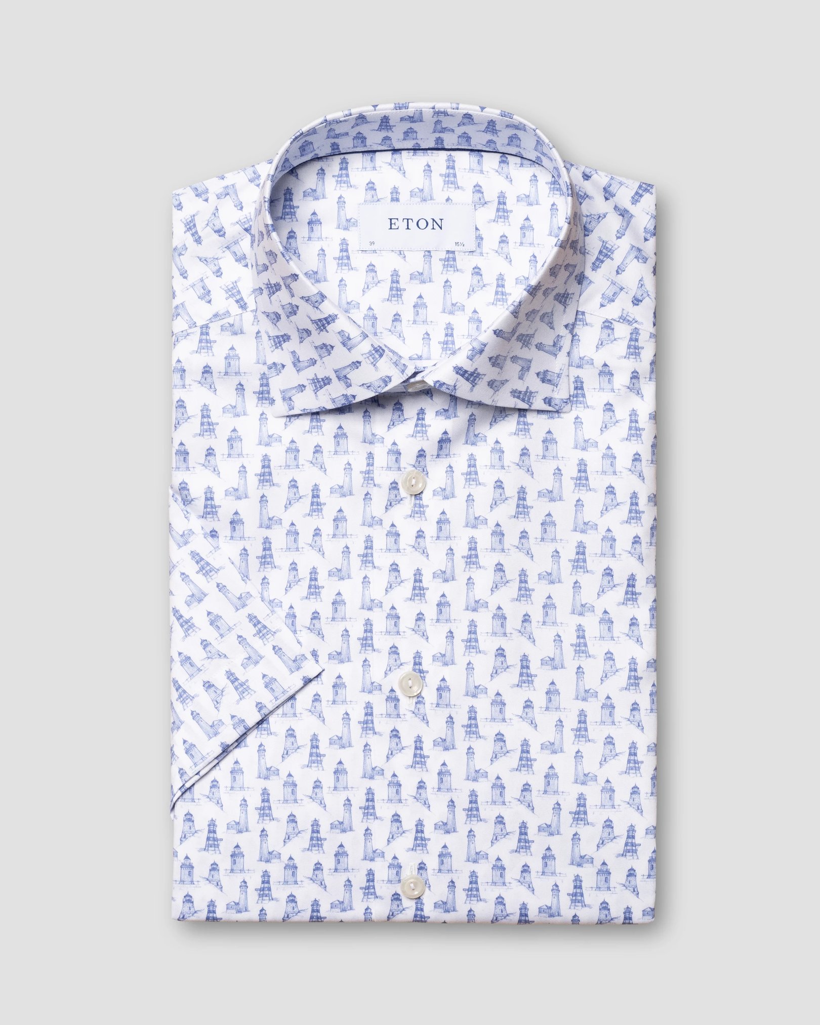 Eton - mid blue lighthouse print short sleeve