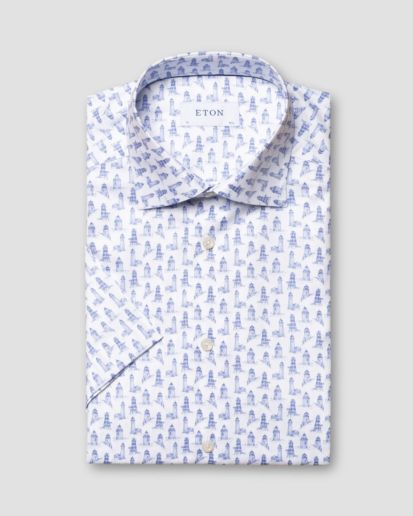 Eton - mid blue lighthouse print short sleeve