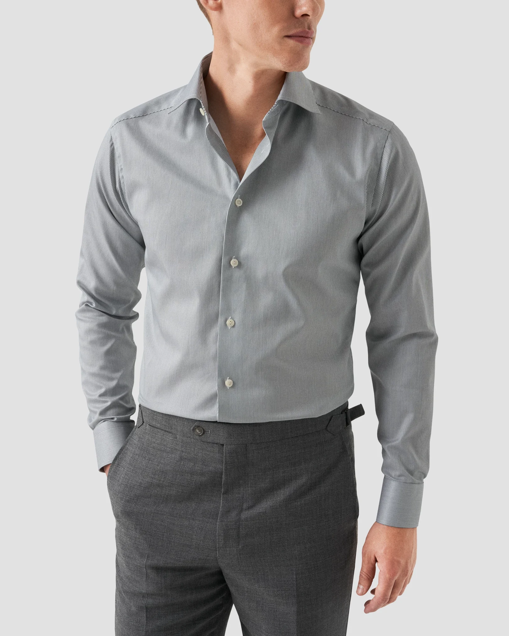 Eton - mid green striped twill shirt