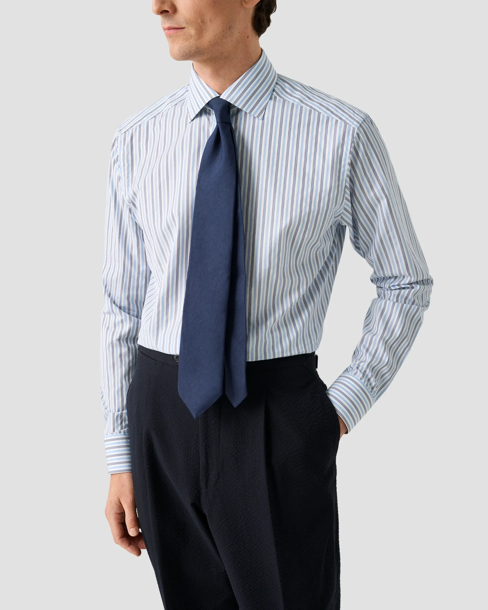 Eton - light blue multi striped elevated pique shirt