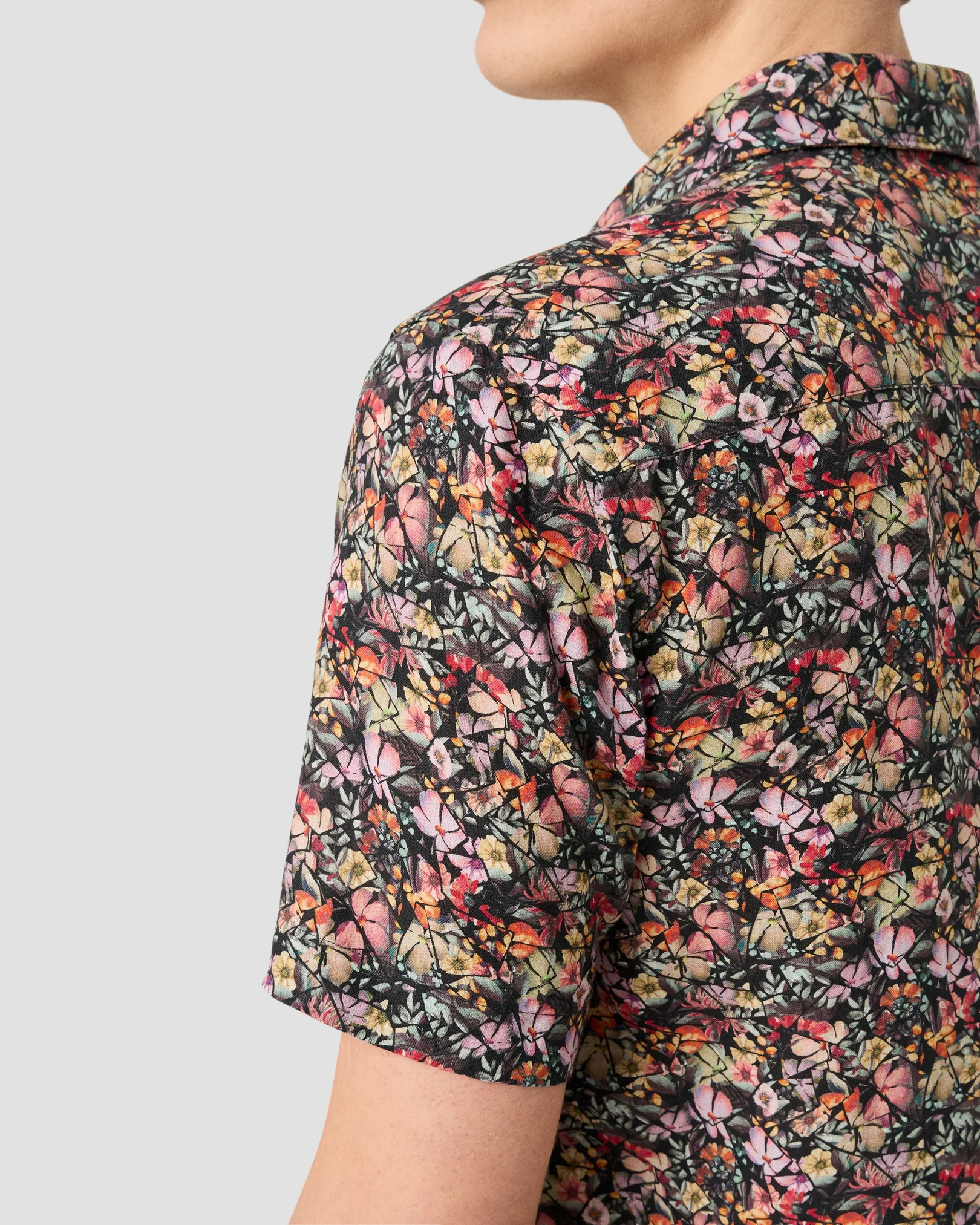 Eton - navy blue colorful flower mosaic print linen shirt widespread