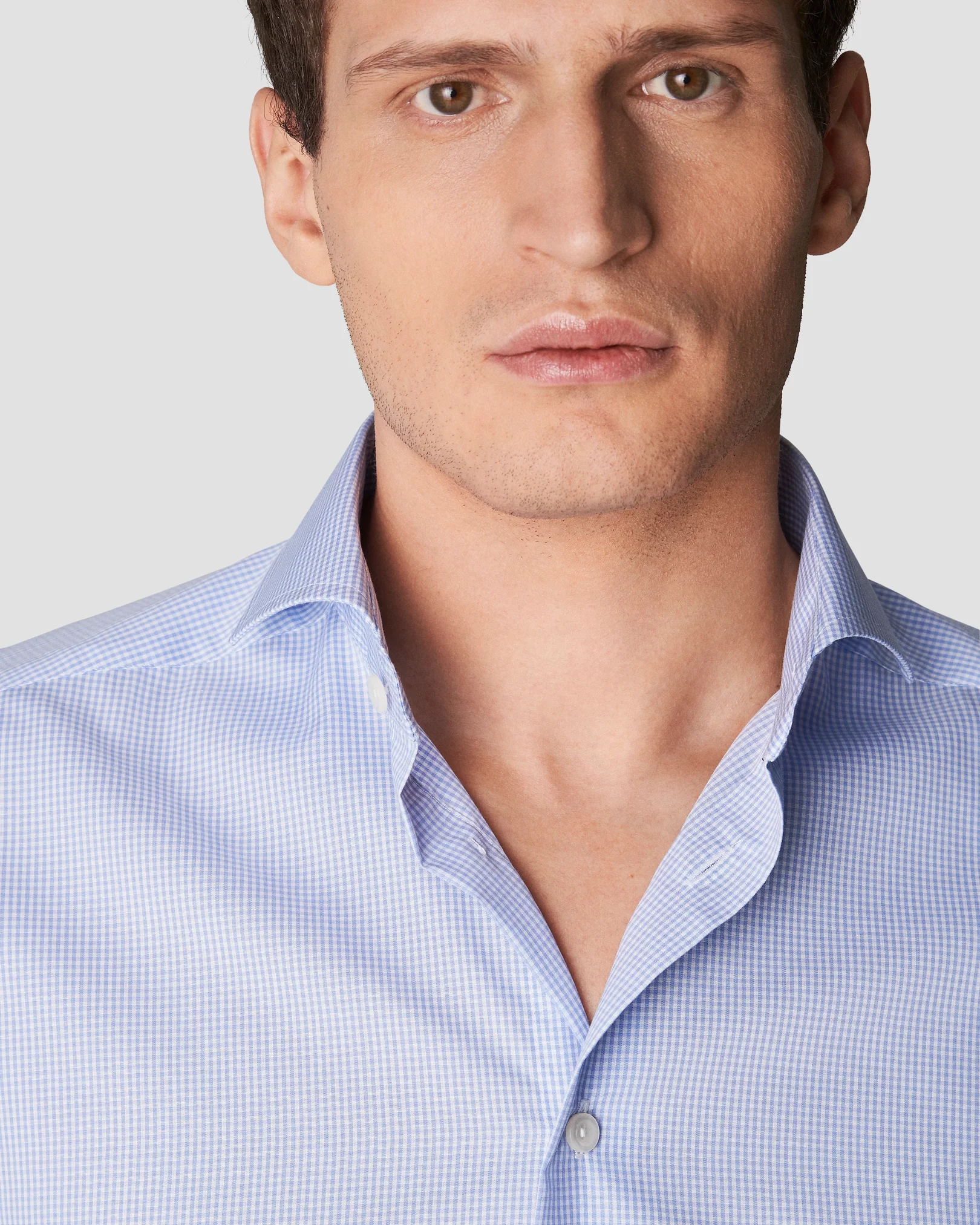 Eton - sky blue check poplin shirt extreme cut away