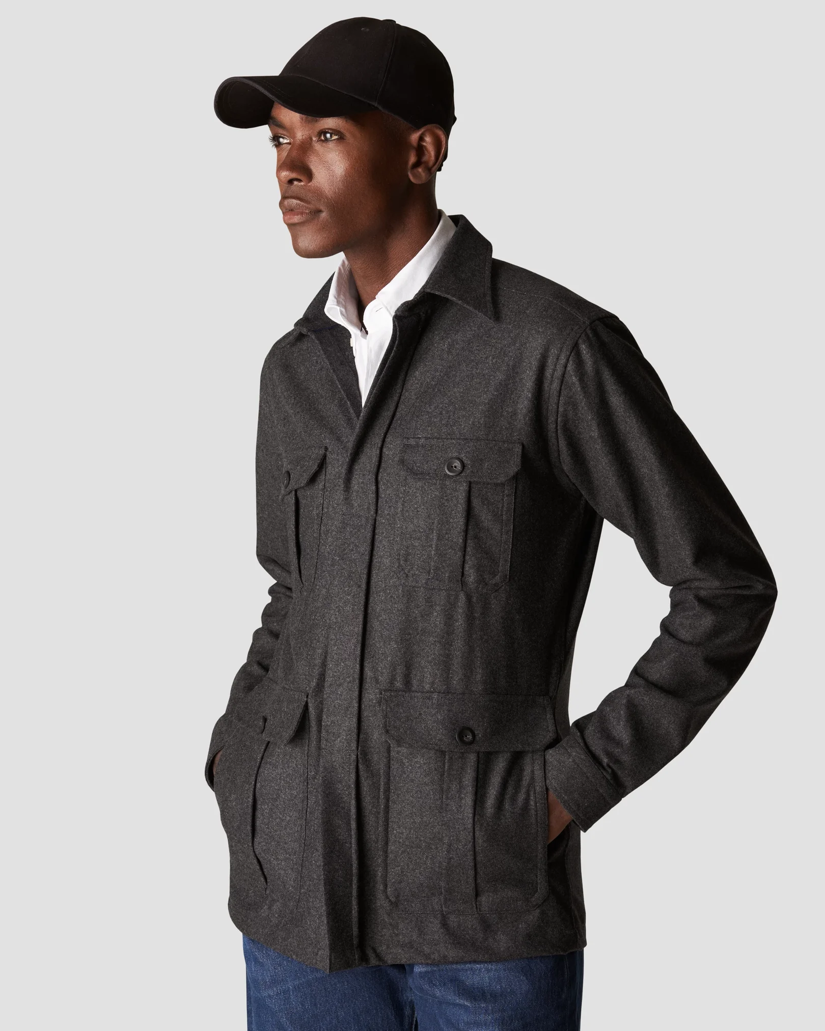 Eton - dark grey wool twill soft pointed single cuff pointed strap casual