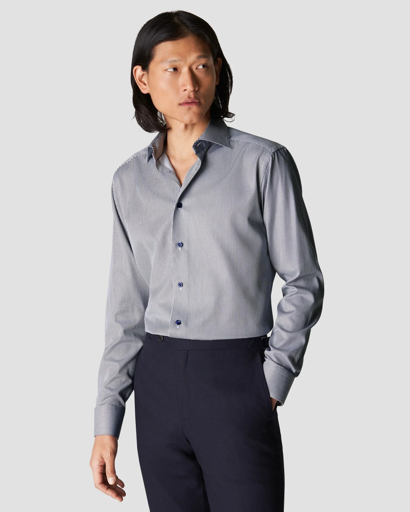 Eton - navy blue twill thin striped