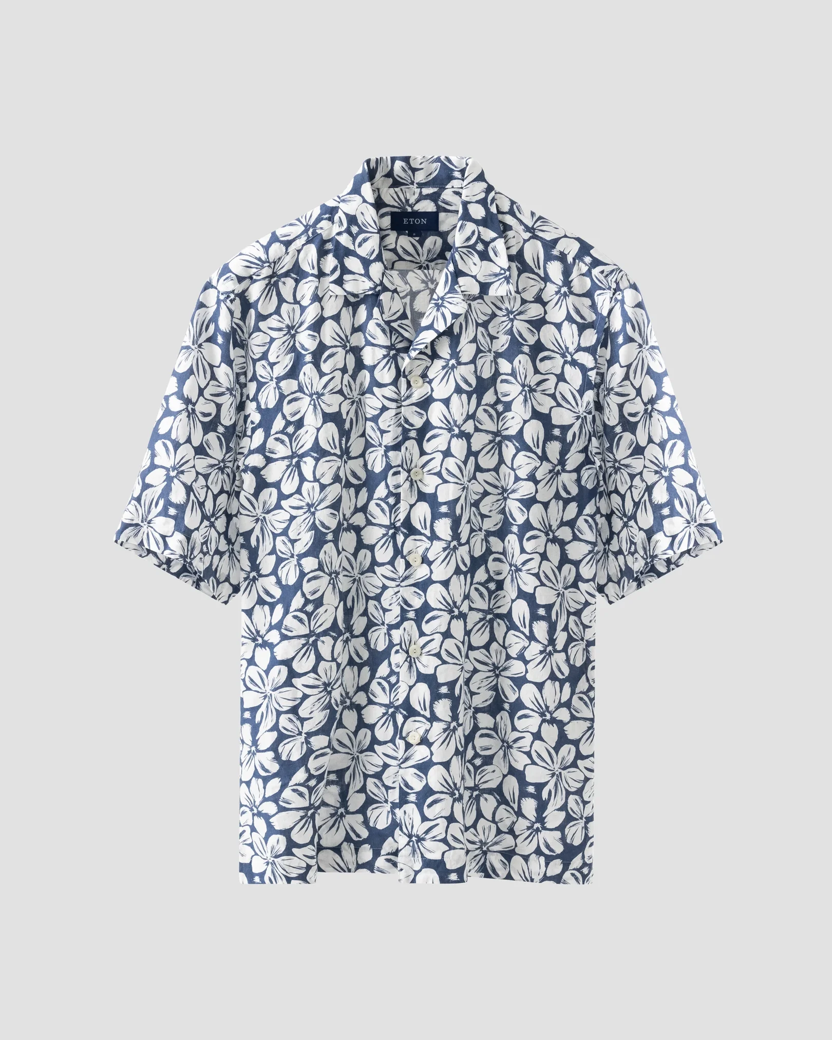 Eton - Blaues Leinen-Resort-Hemd mit floralem Print