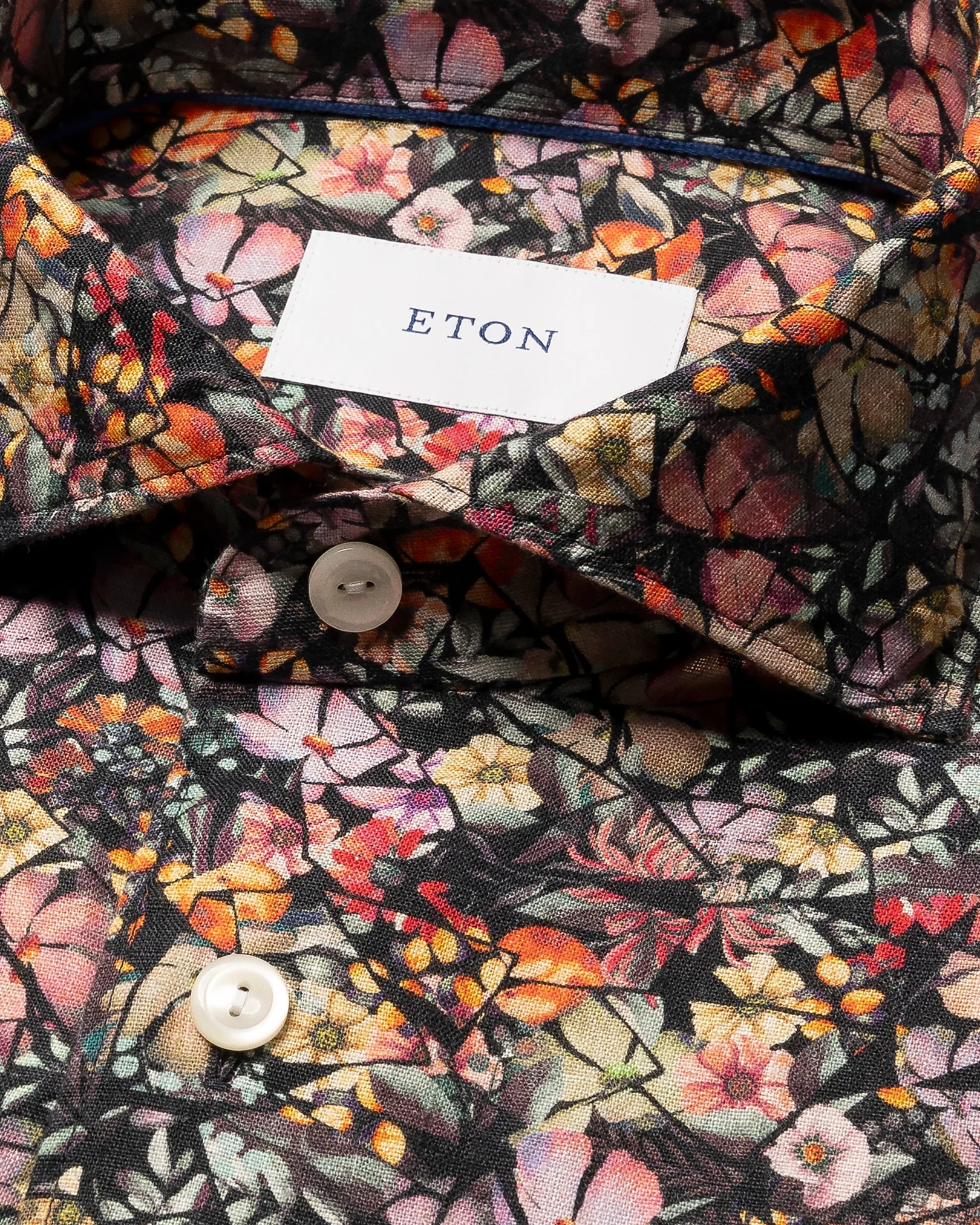 Eton - navy blue colorful flower mosaic print linen shirt widespread