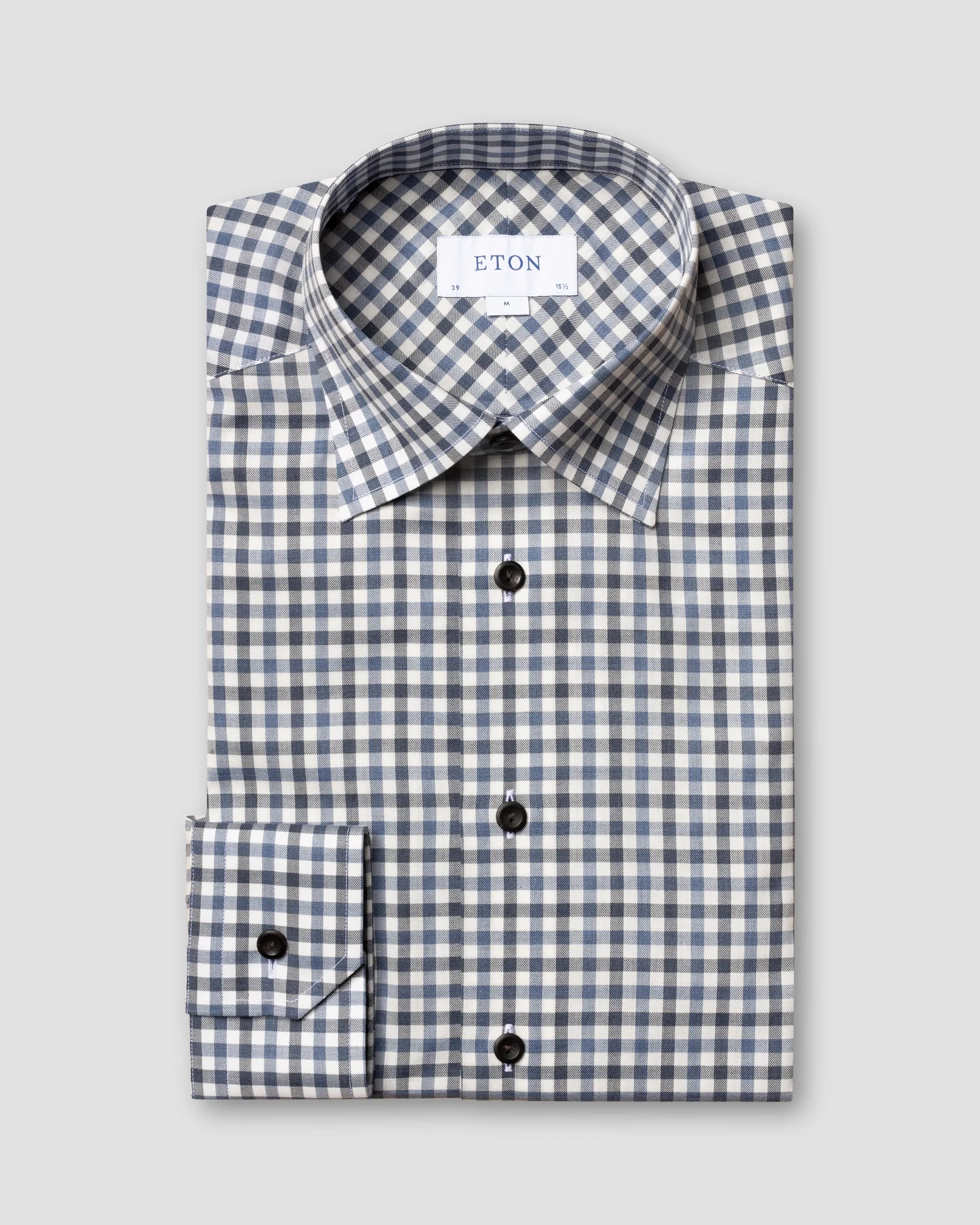 Eton - blue on white checked flanell shirt button under