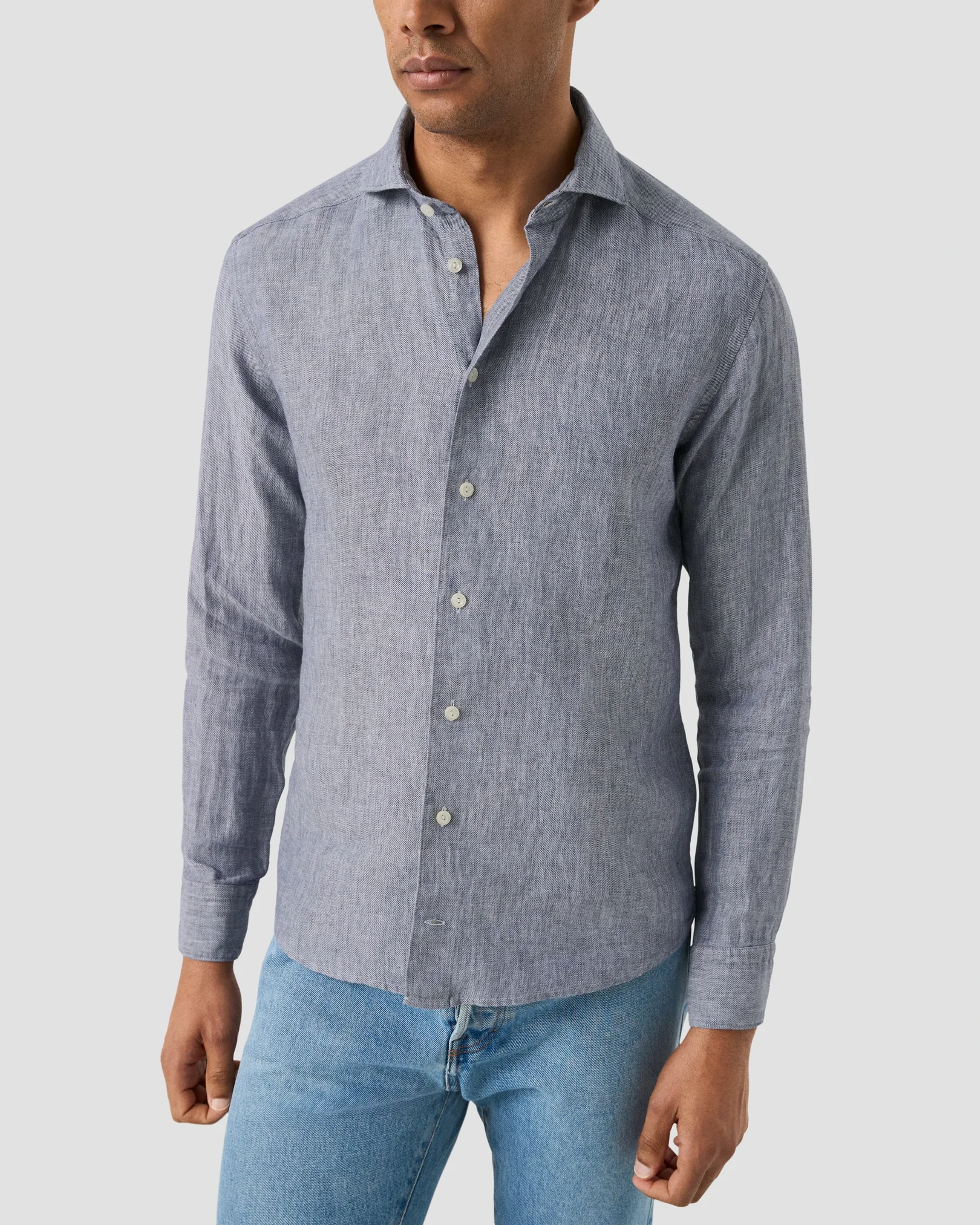 Eton - dark blue solid twill linen shirt