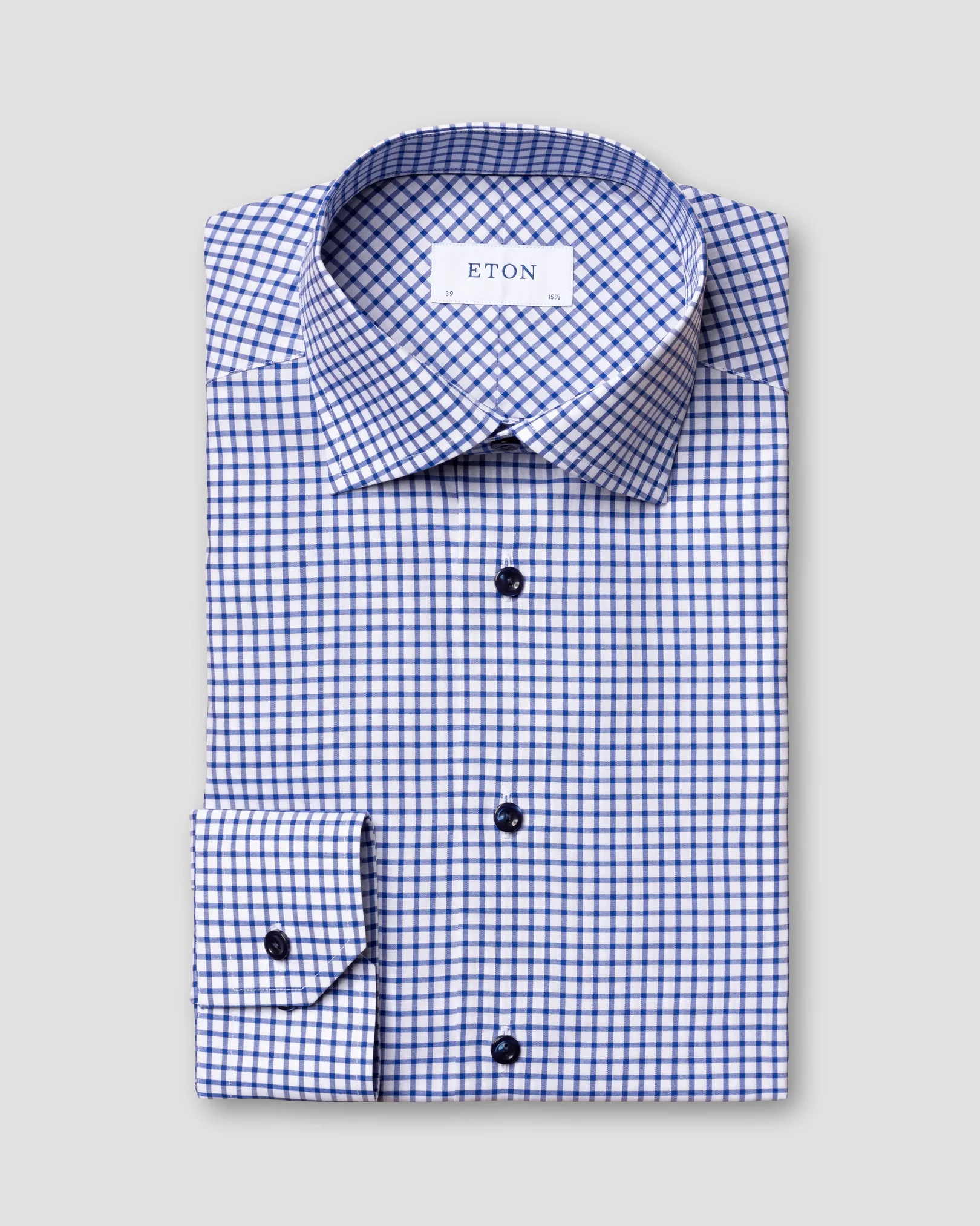 Eton - blue checked stretch twill shirt navy buttons cut away