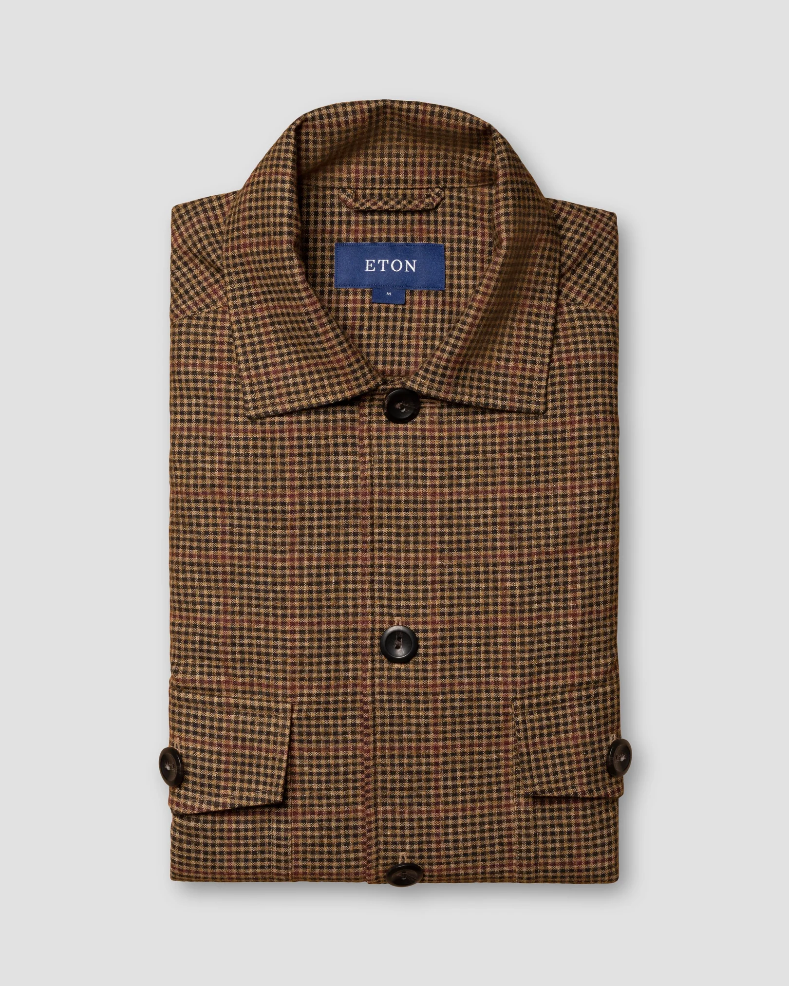 Eton - brown checked cotton wool cashmere overshirt turn down single cuff pointed strap regular aw
