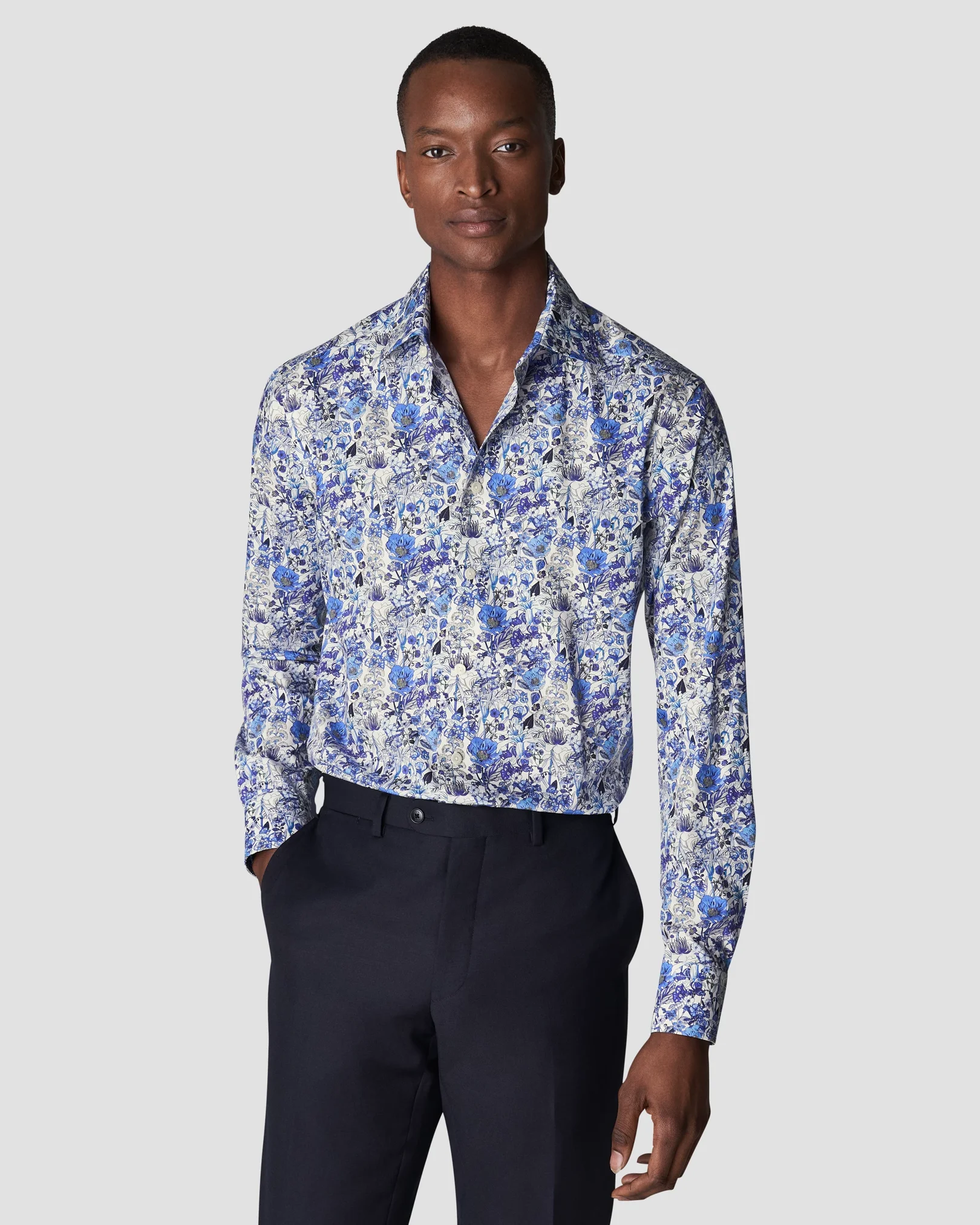 Eton - mid blue signature twill cut floral print