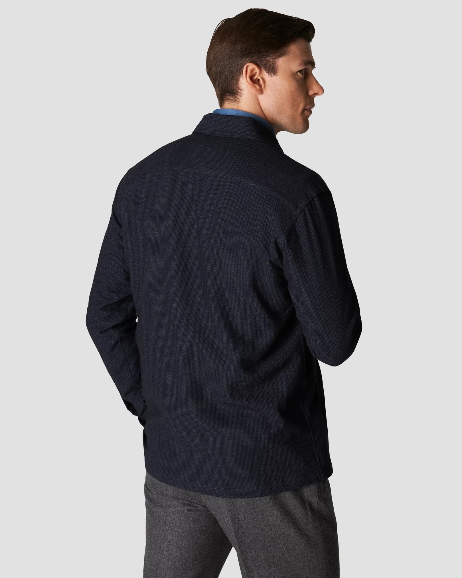 Eton - navy blue cotton wool cashmere collar with no collarstand single cuff pointed strap regular