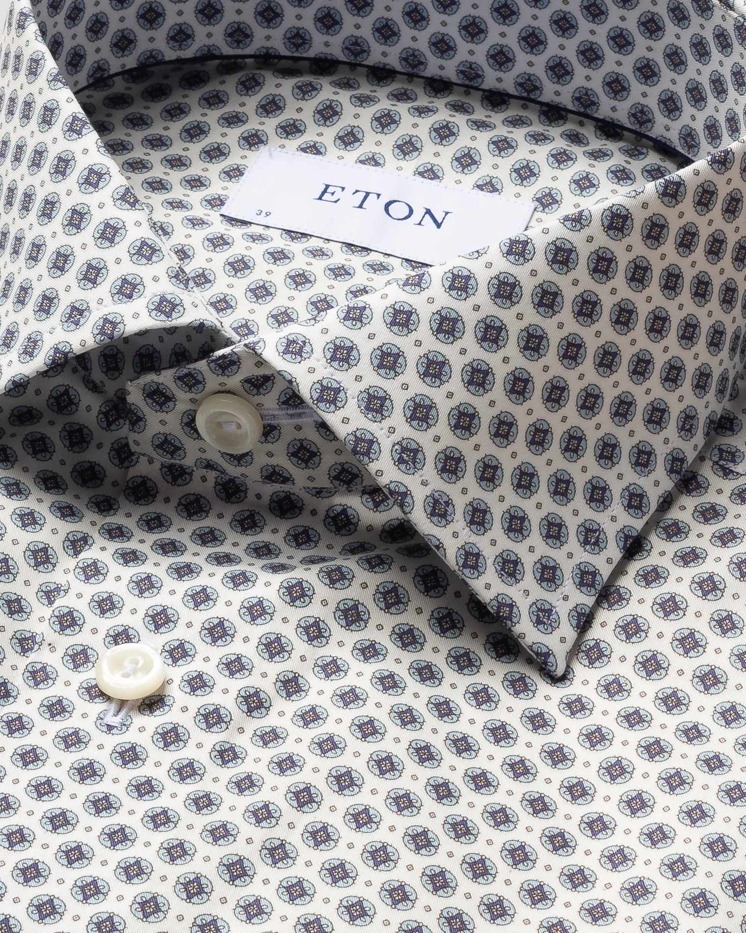 Eton - blue medallion print fine twill shirt cut away