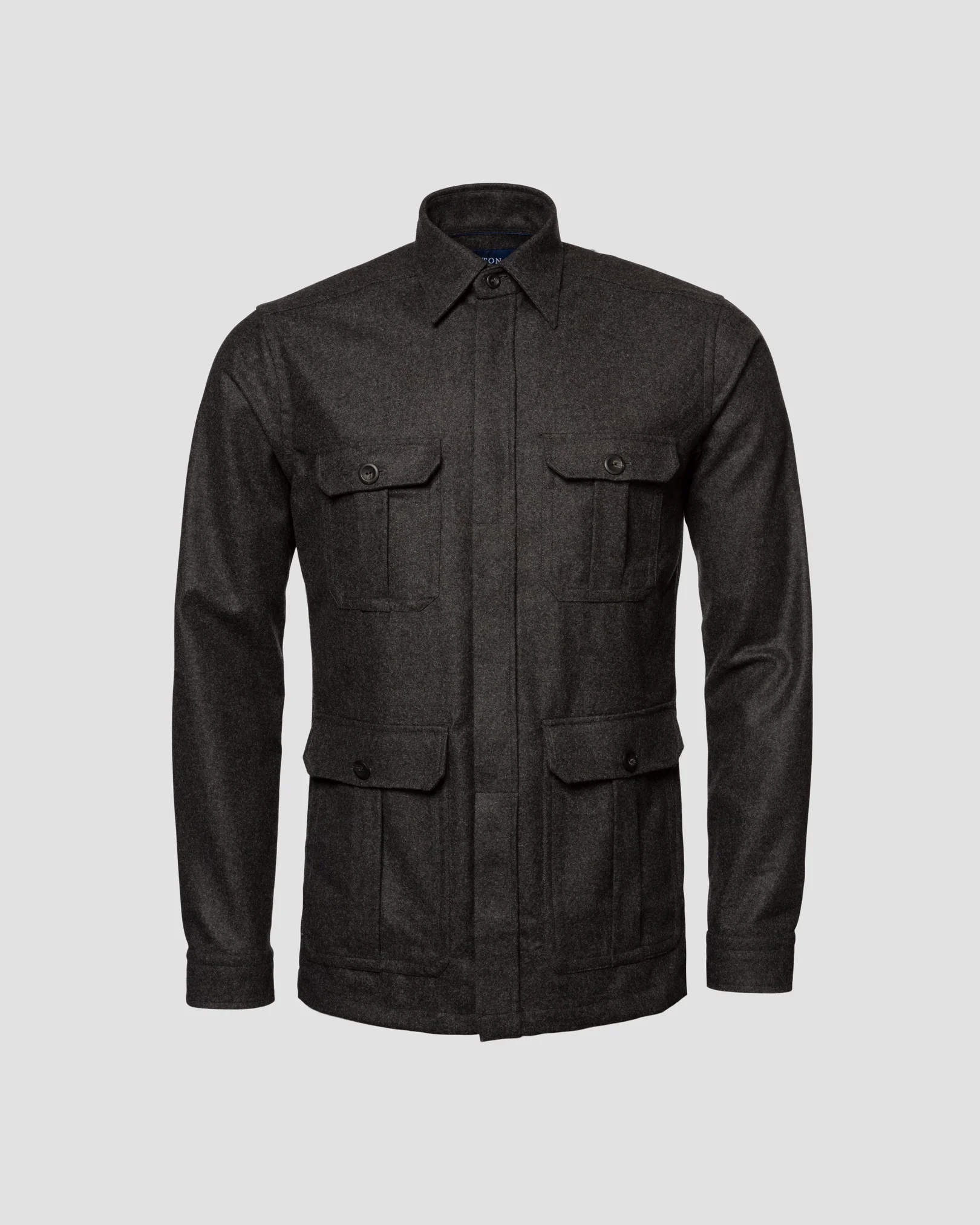 Eton - dark grey wool twill soft pointed single cuff pointed strap casual