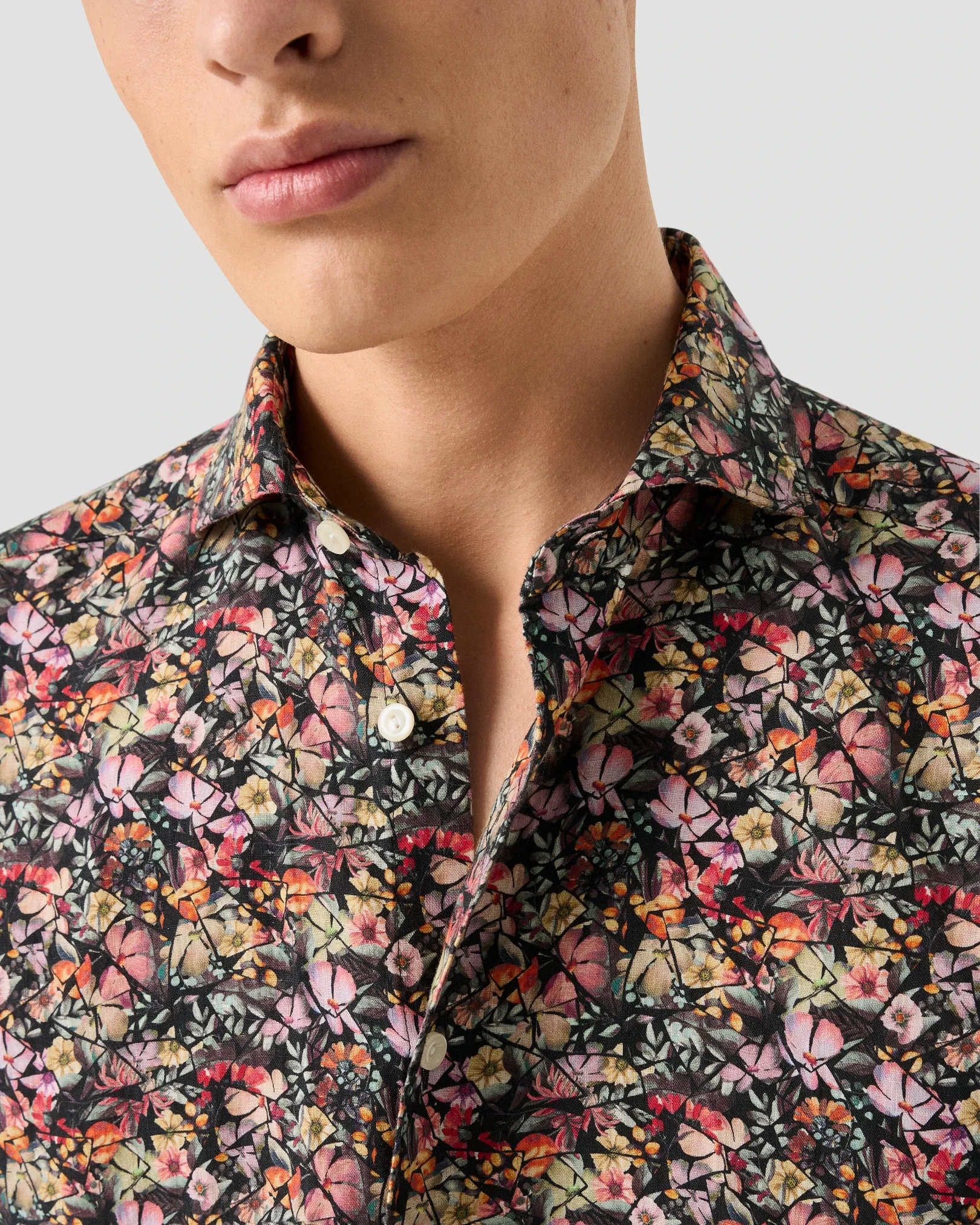 Eton - navy blue colorful flower mosaic print linen shirt widespread