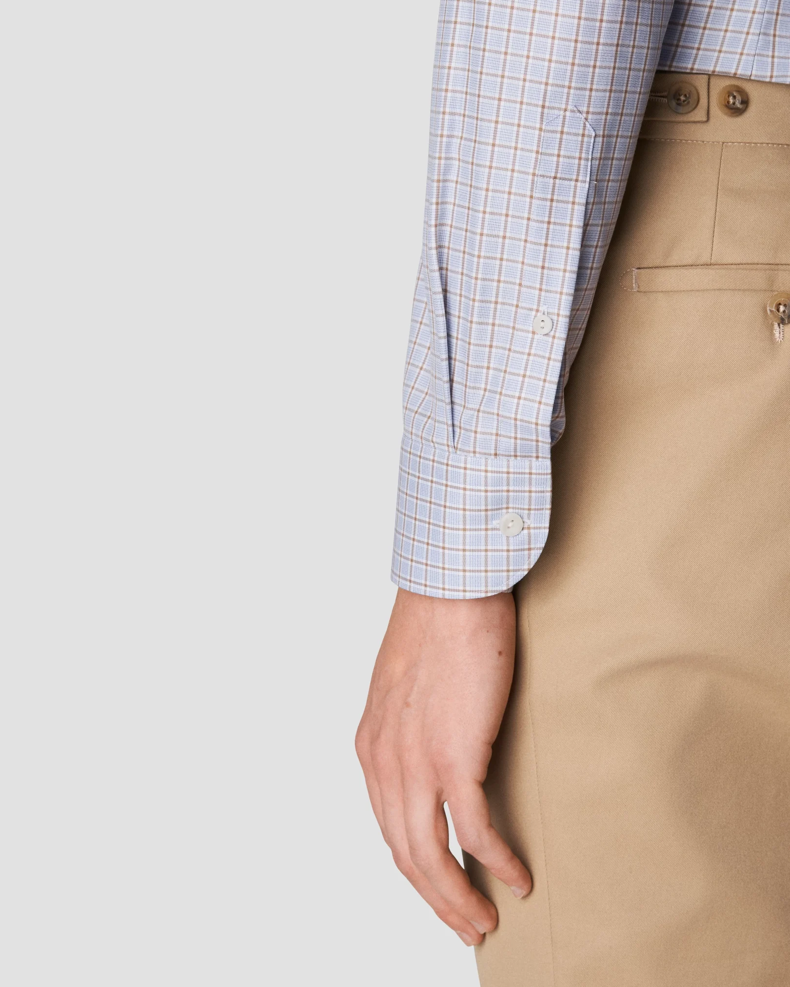Eton - light blue cotton tencel stretch button under rounded single one buttonhole slim