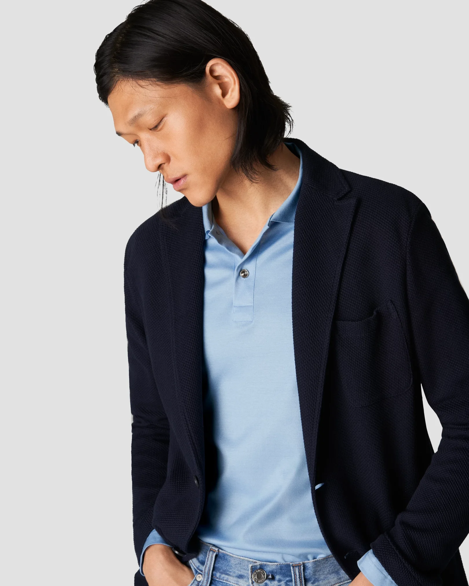 Eton - light blue jersey knitted collar no cuff jersey long sleeve regular fit jersey