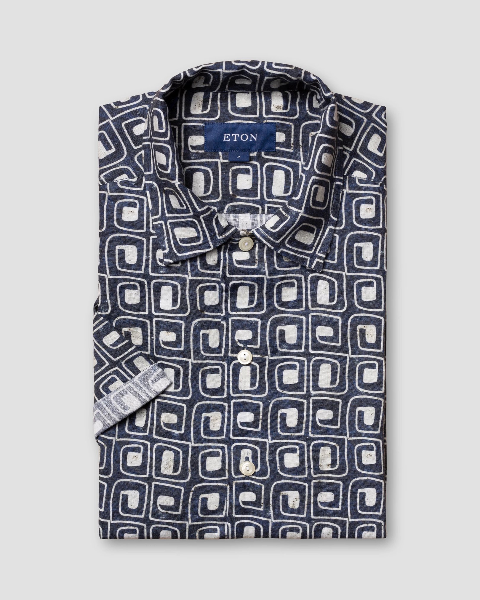 Eton - navy black block print linen resort shirt