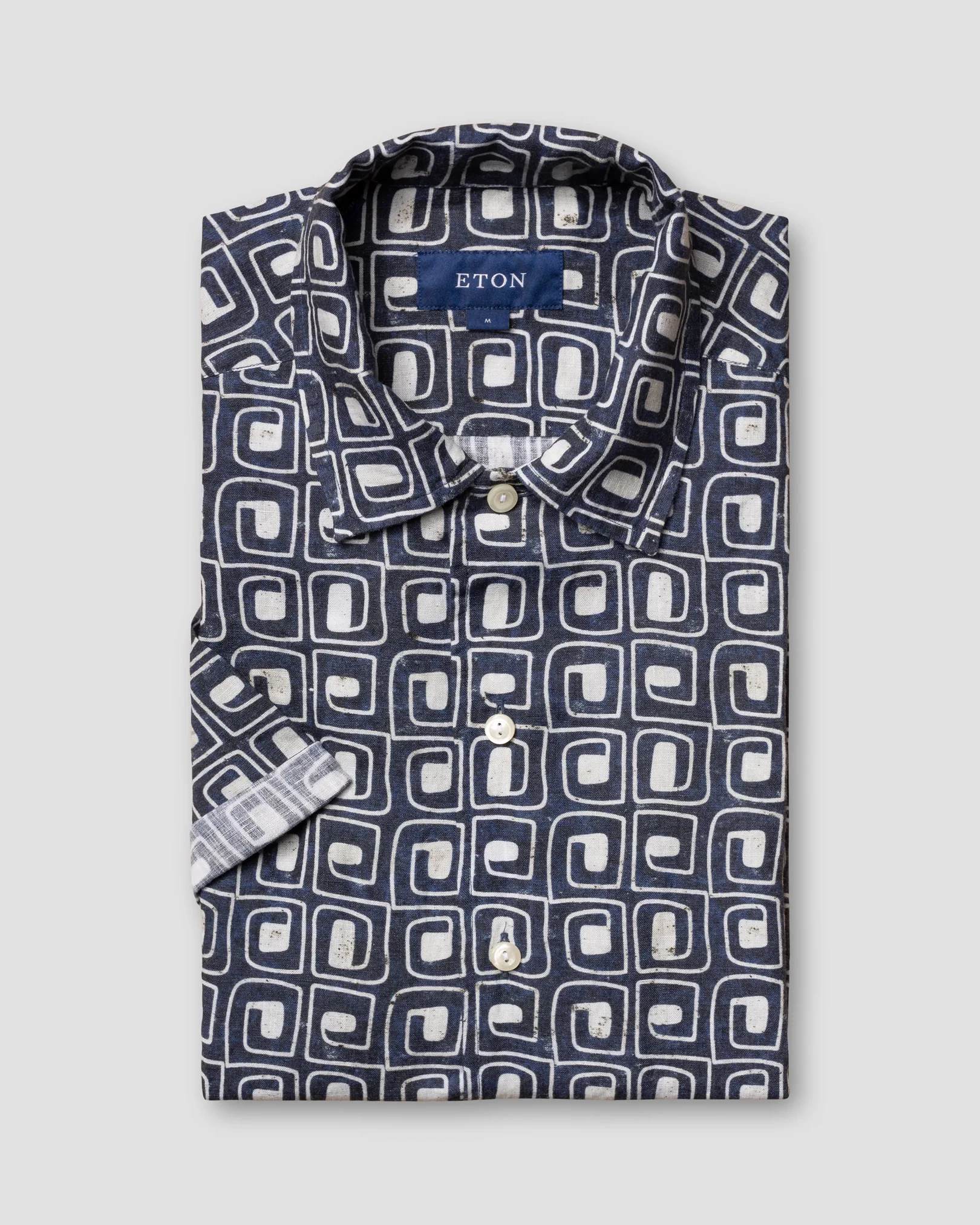 Eton - navy black block print linen resort shirt