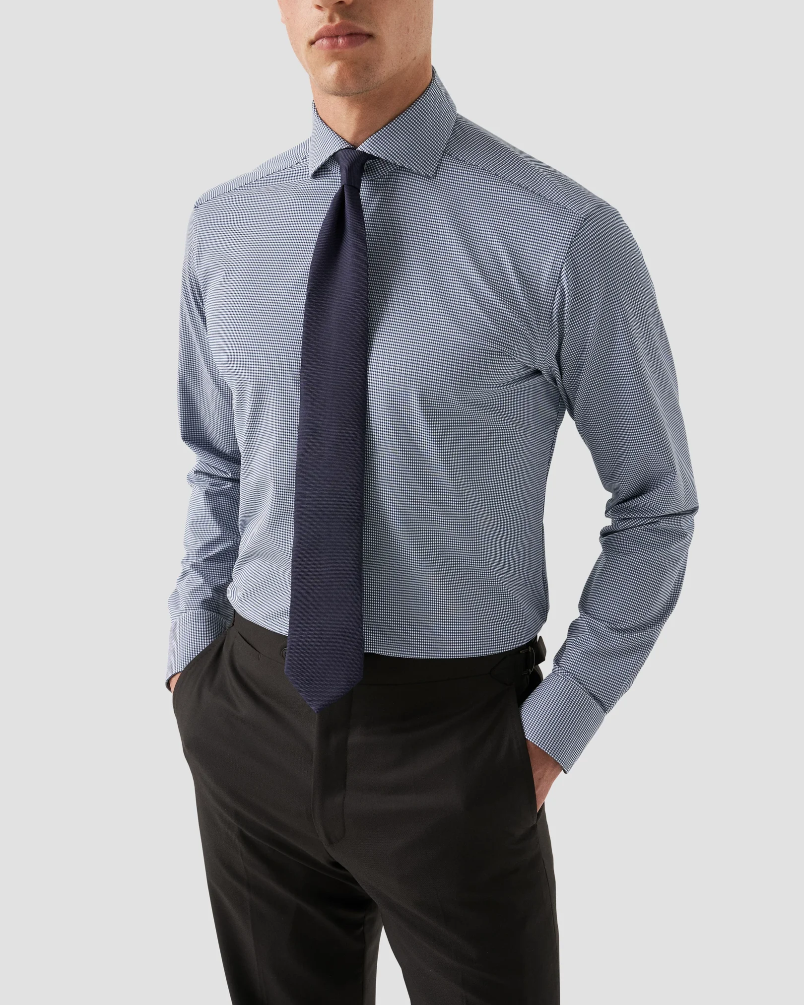 Eton - dark blue micro check four way strech shirt