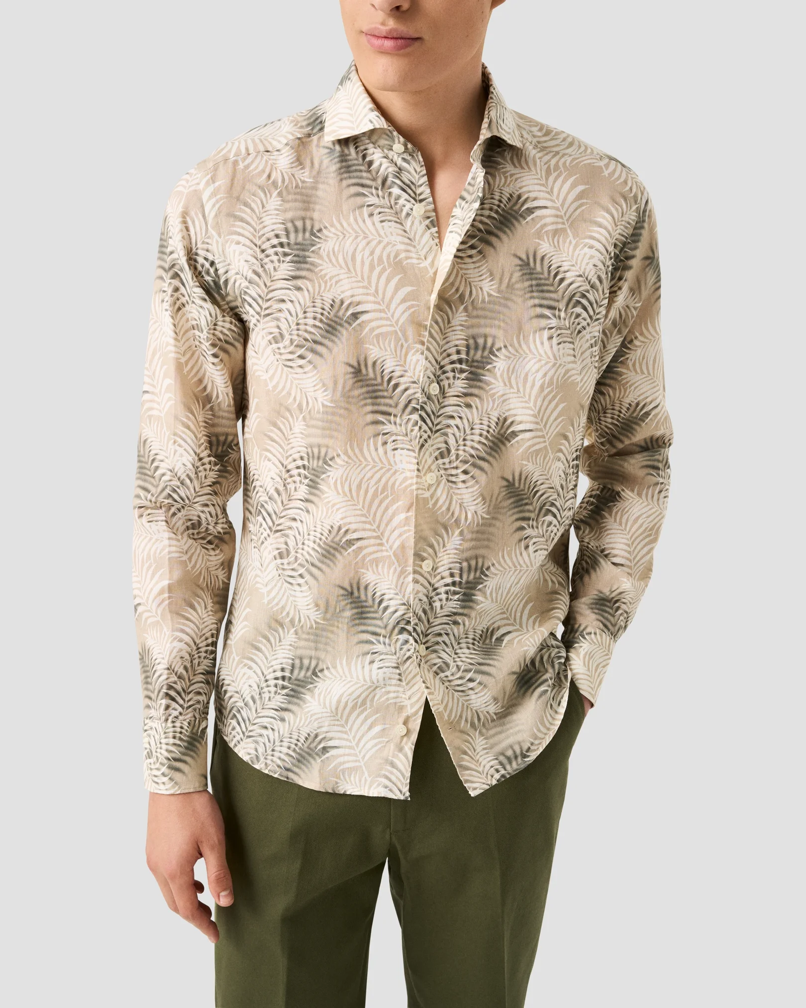 Eton - beige leaf print linen shirt