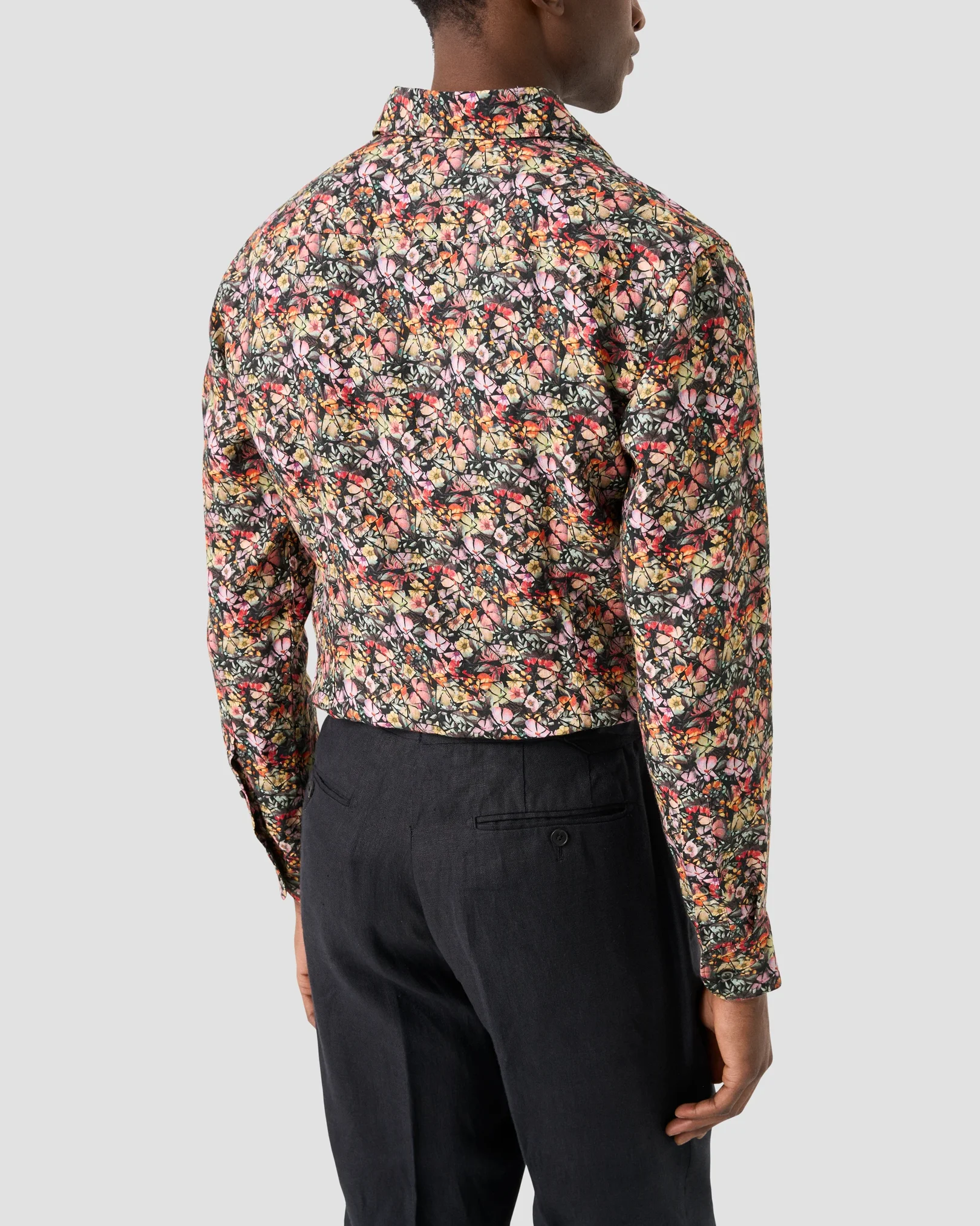 Eton - navy blue colorful flower mosaic print linen shirt