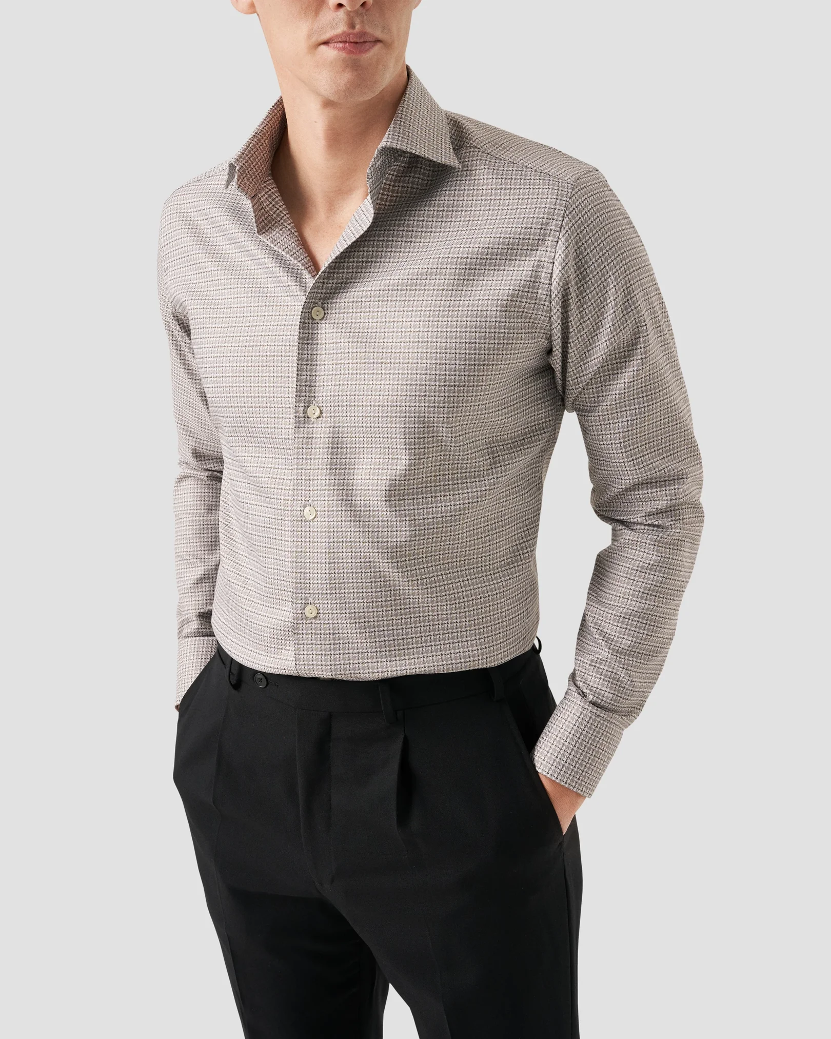 Eton - mid grey checked textured twill