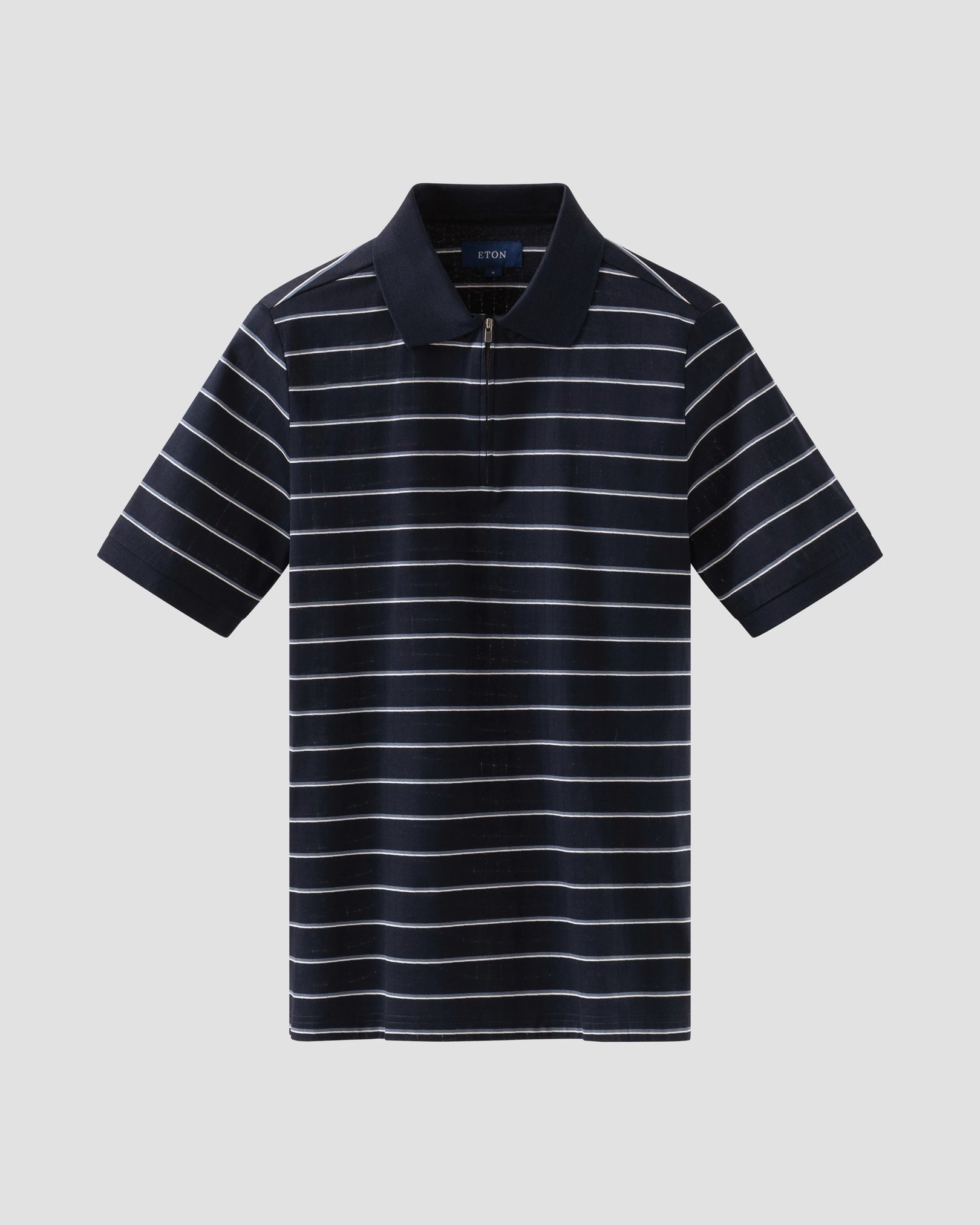 Eton - Navy Striped Filo di Scozia Jacquard Half Zip Polo Shirt